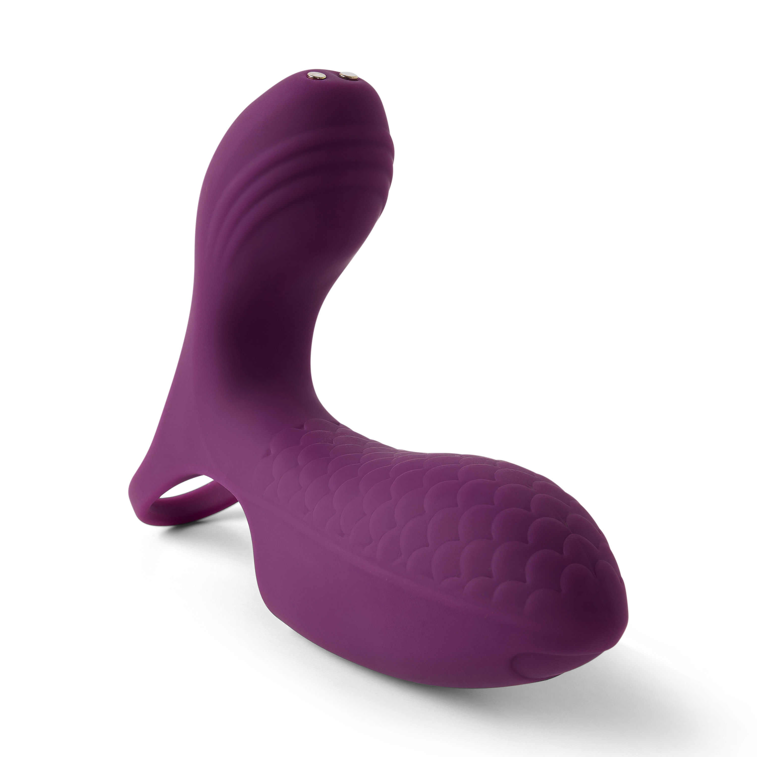 Un vibrador morado con superficie texturizada y escamas, y dos botones en la parte superior.