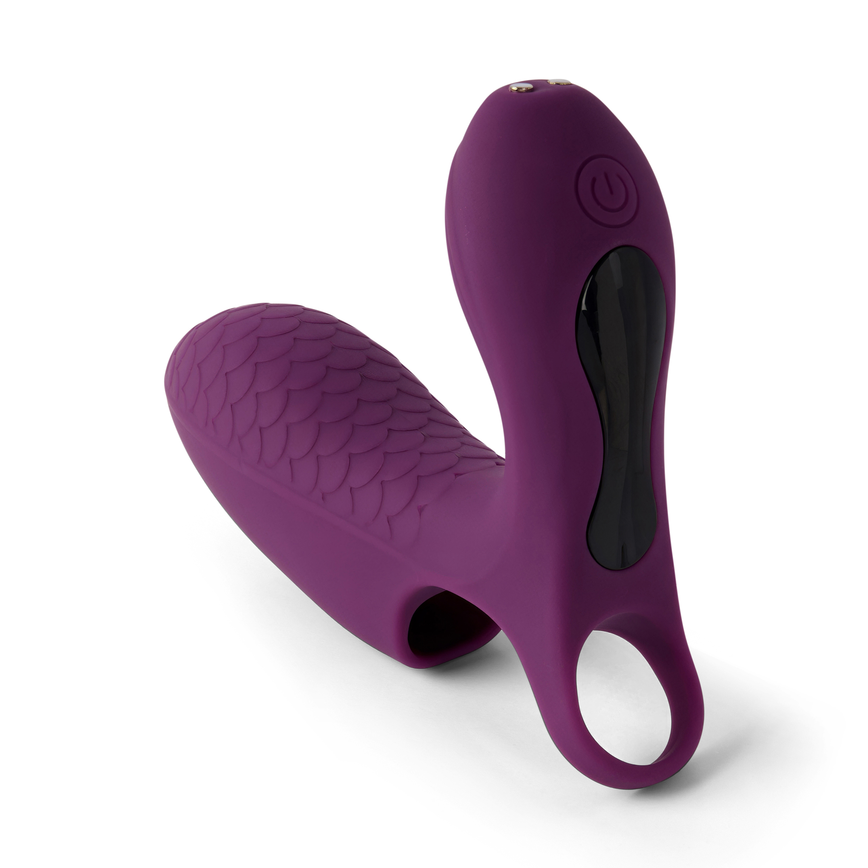 Un vibrador morado con escamas texturizadas y una inserción negra.
