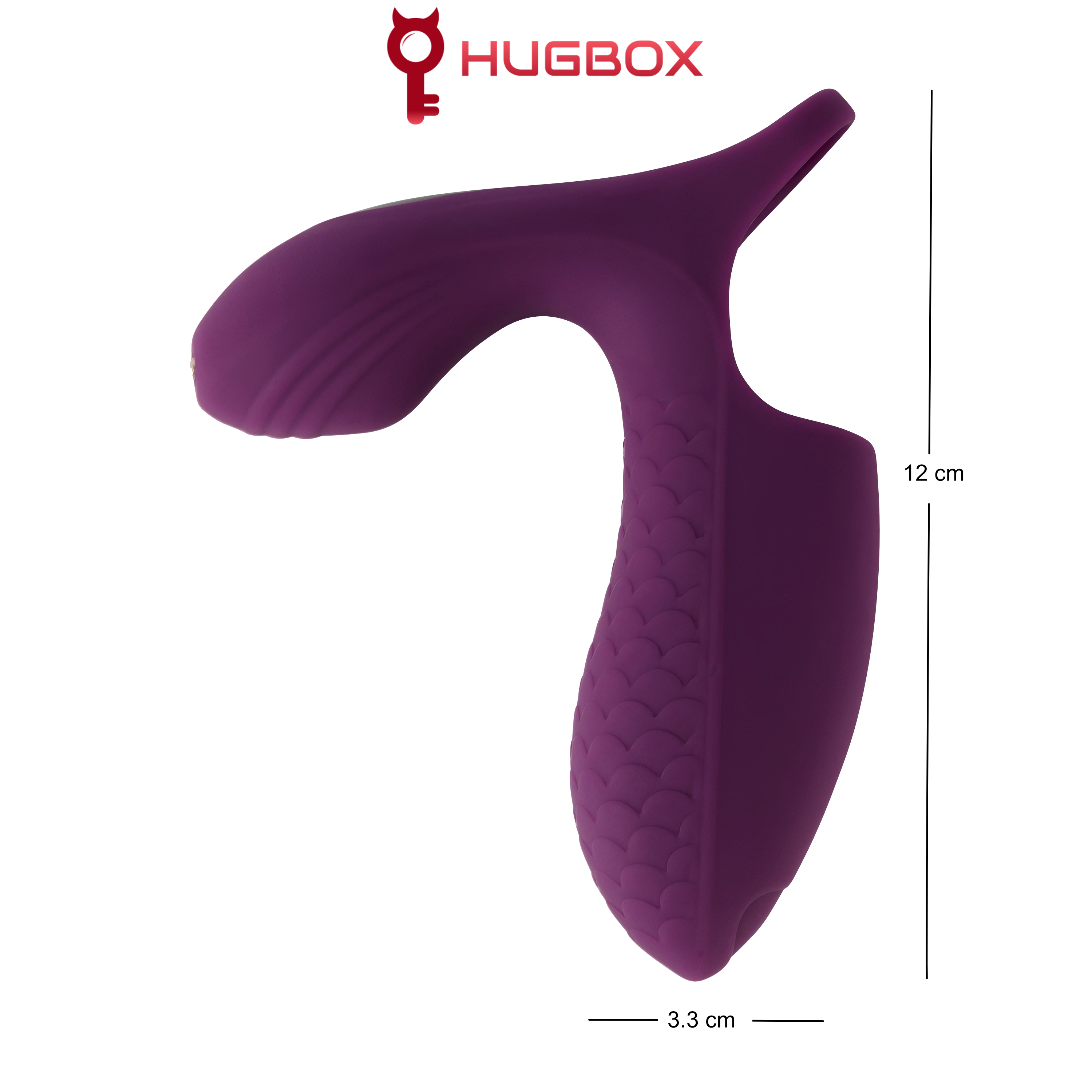 Vibrador morado con patrón de escamas, 12 cm de alto y 3,3 cm de ancho.