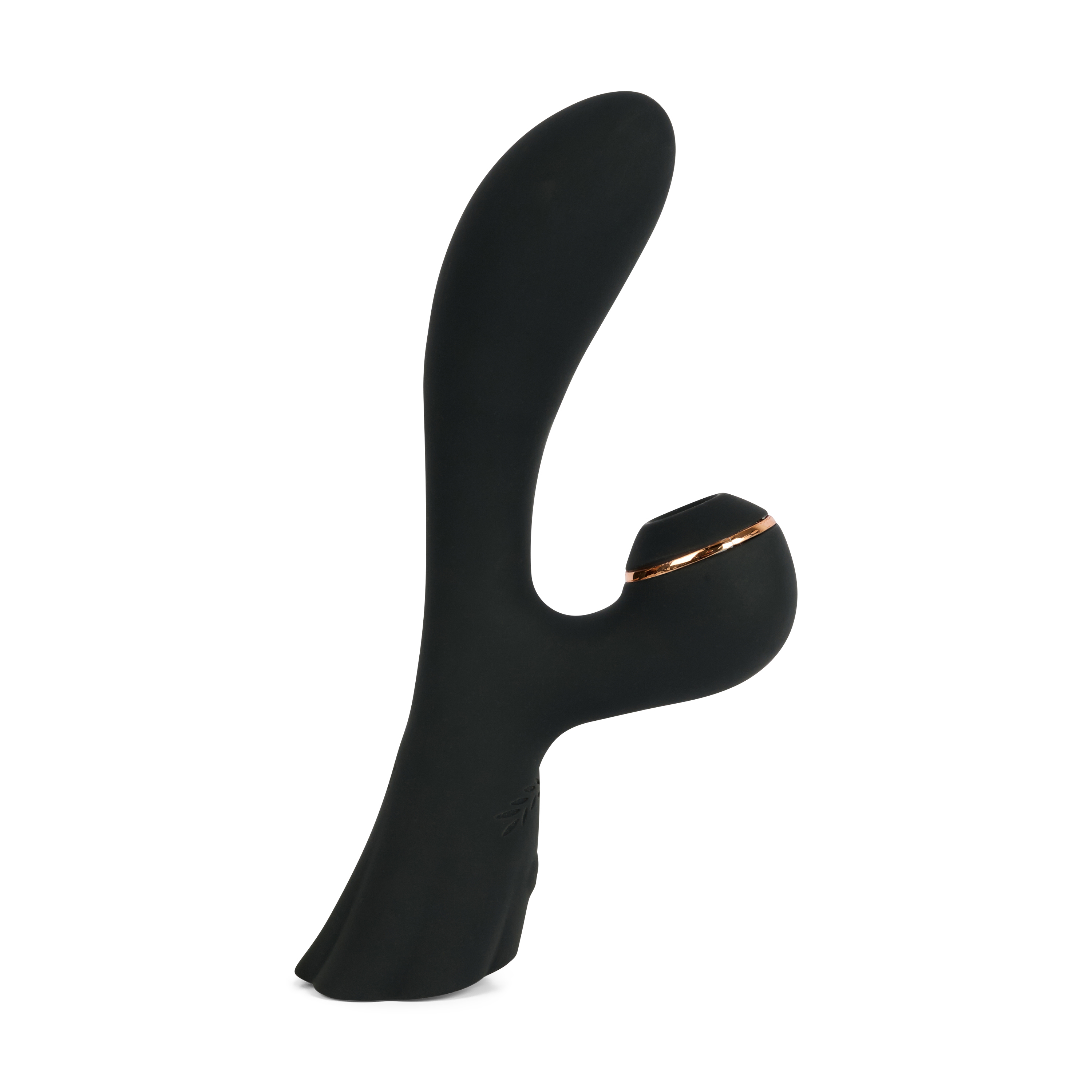 Vibrador negro con forma curva y un anillo dorado.