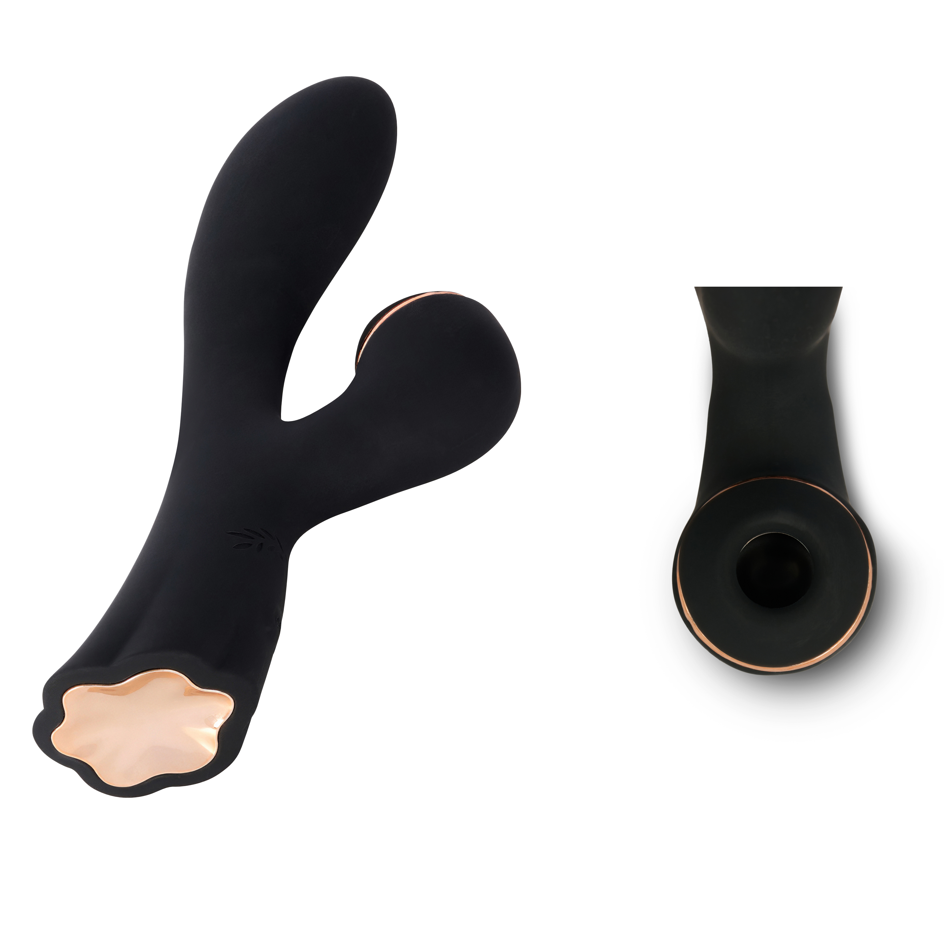Un vibrador negro con detalles en oro rosa, vistas izquierda y superior.
