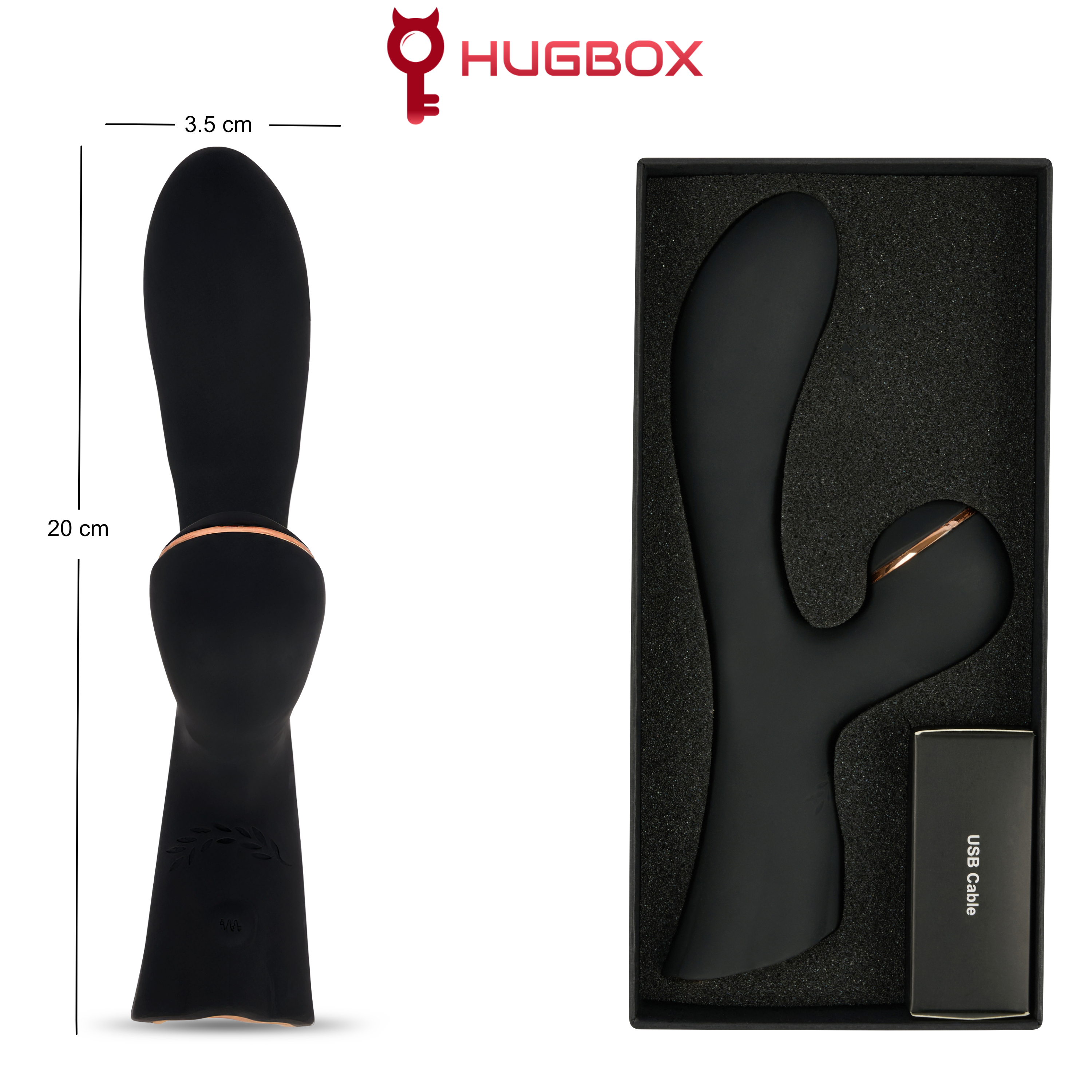 Vibrador negro de 20cm con cable USB en caja negra.