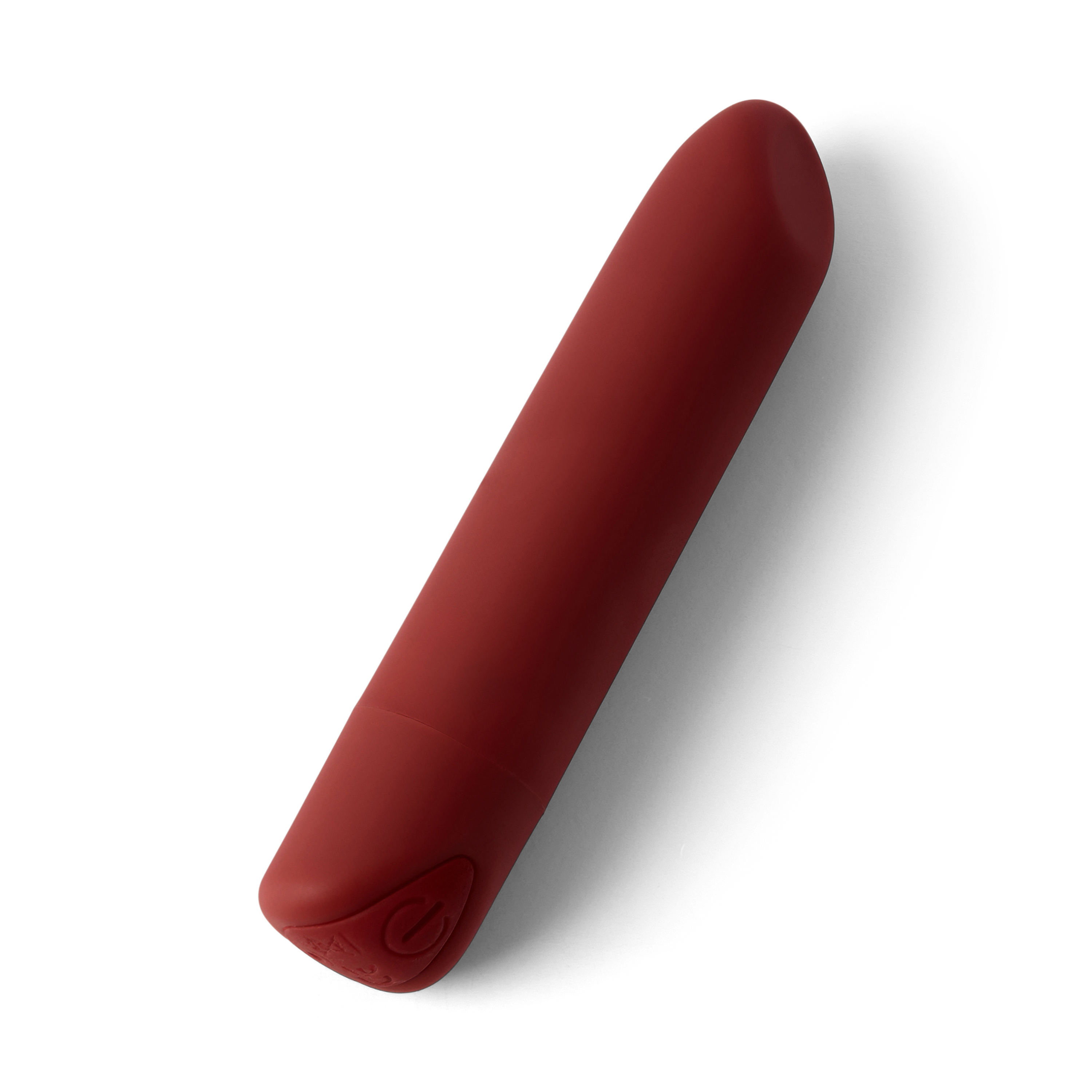 Un vibrador rojo oscuro con un símbolo de botón sobre fondo blanco.