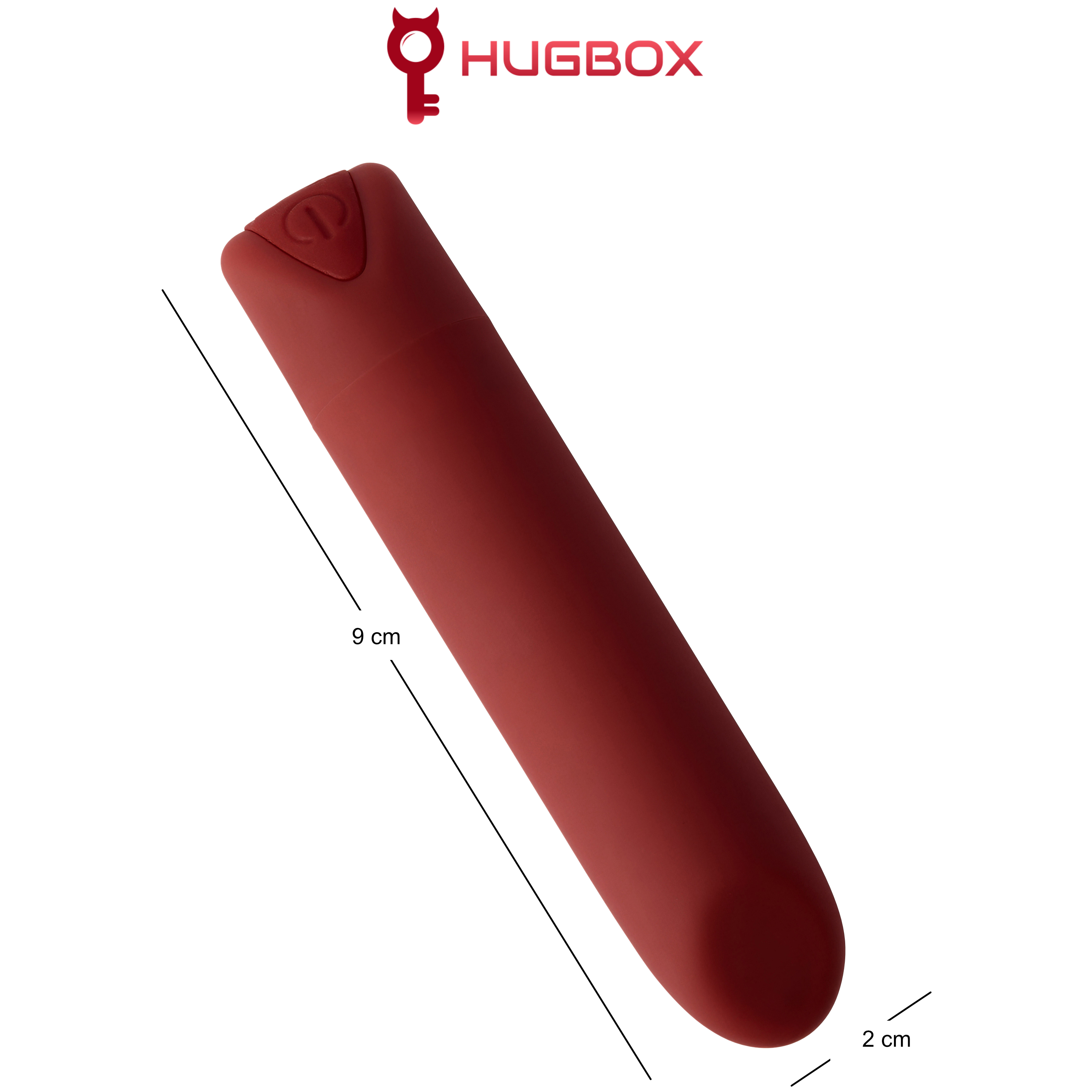 Un vibrador rojo de 9 cm de largo y 2 cm de diámetro.