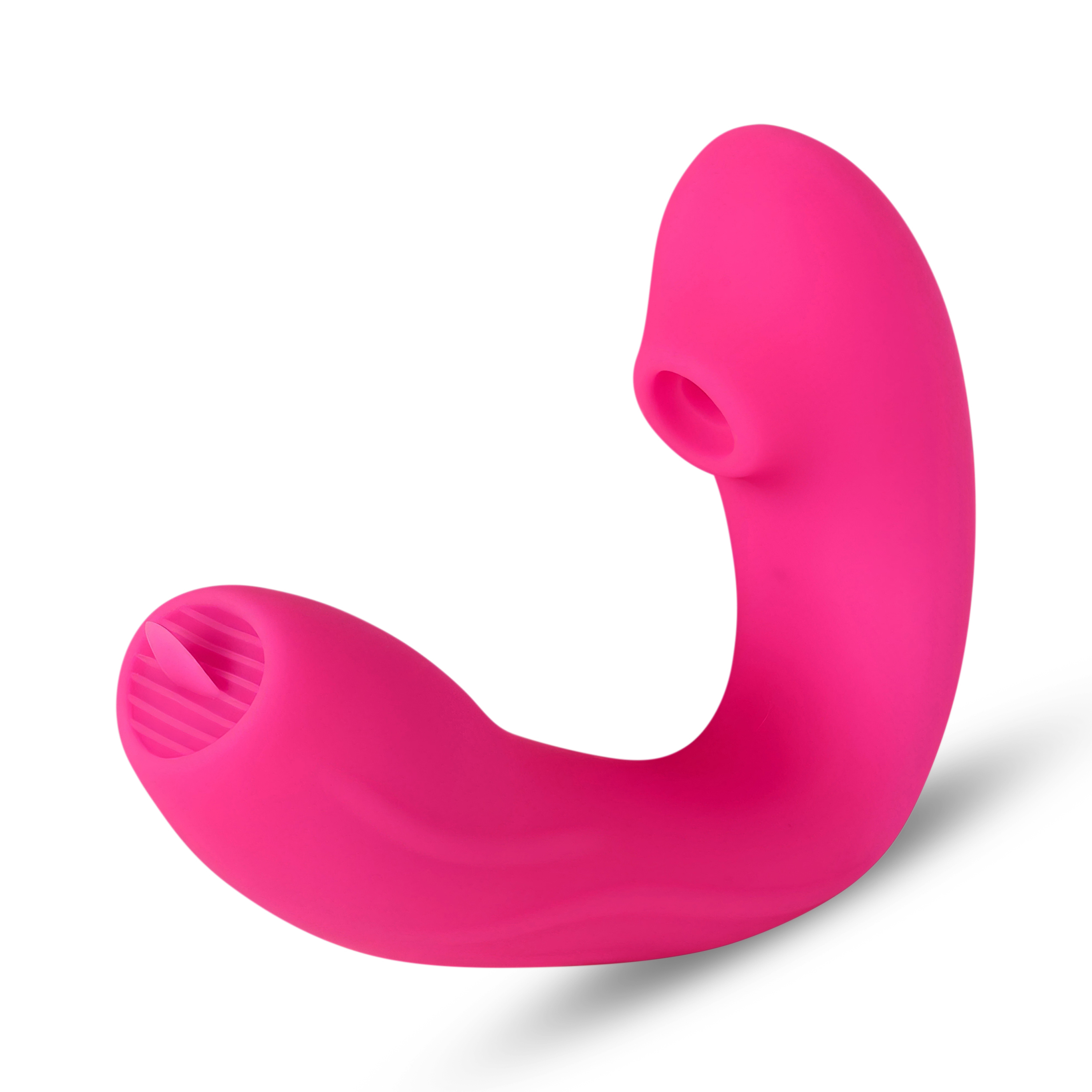 Un vibrador curvo de color rosa brillante con estrías en un extremo.