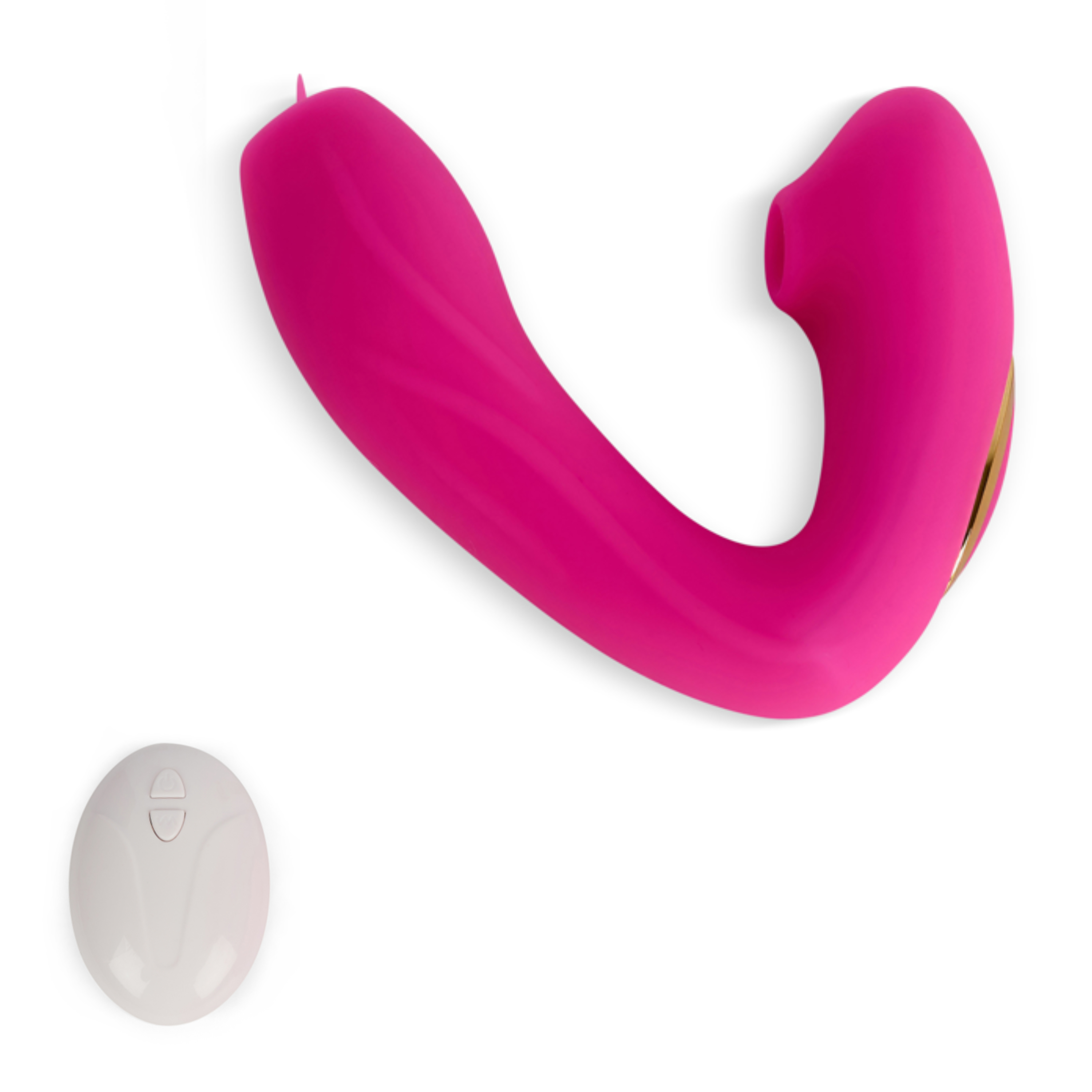 Un vibrador rosa y un control remoto blanco sobre fondo blanco.