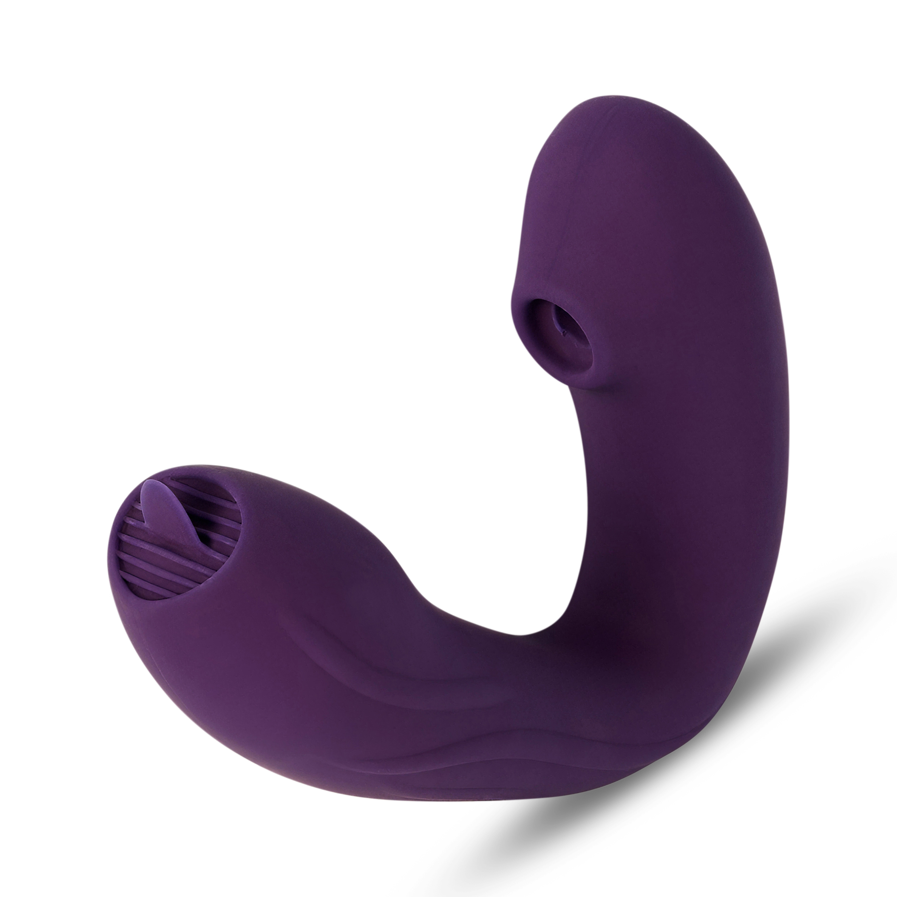 Un vibrador morado con forma curva y punta acanalada.