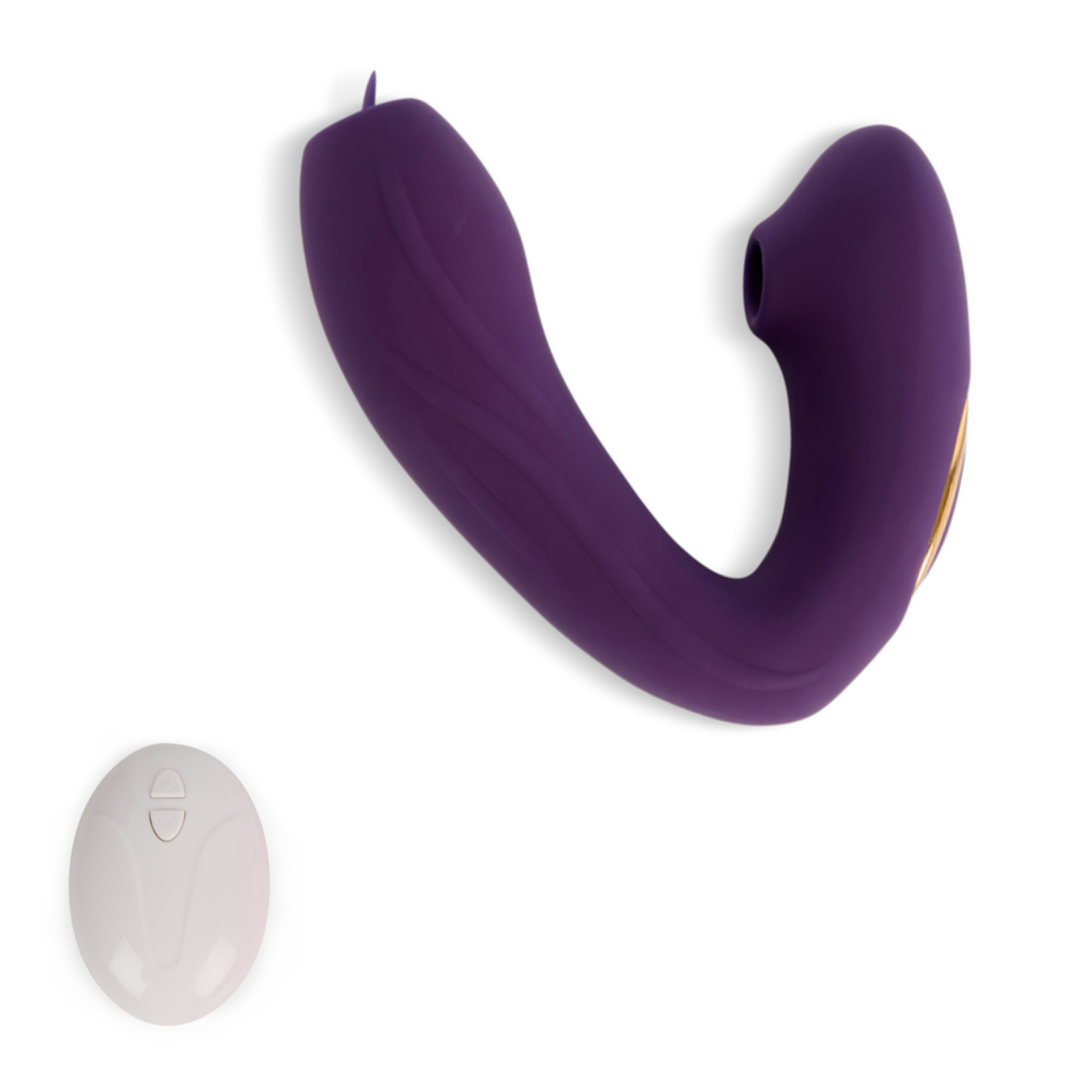 Vibrador morado en forma de U con mando a distancia sobre fondo blanco.