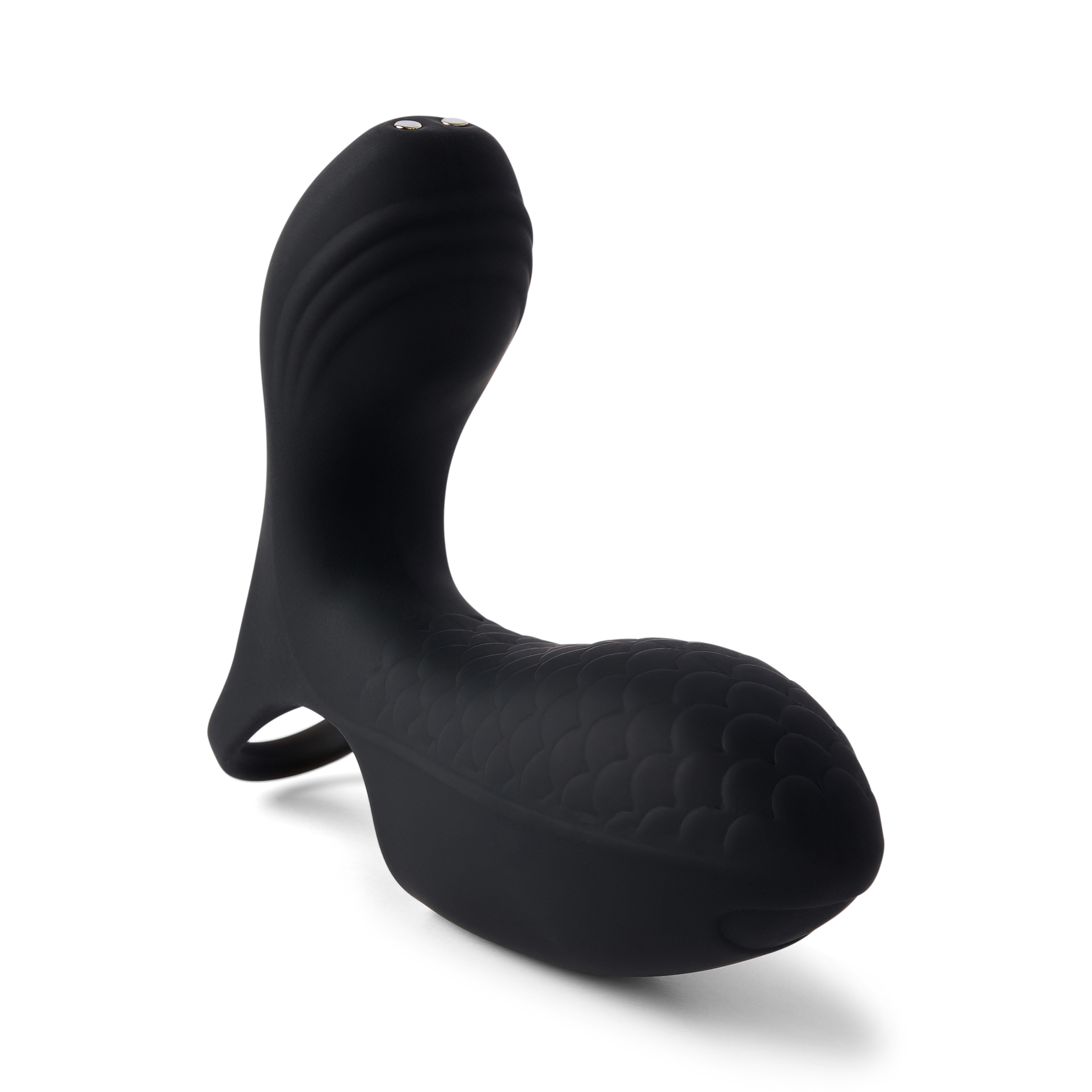 Vibrador negro con textura de escamas y dos botones en la parte superior.