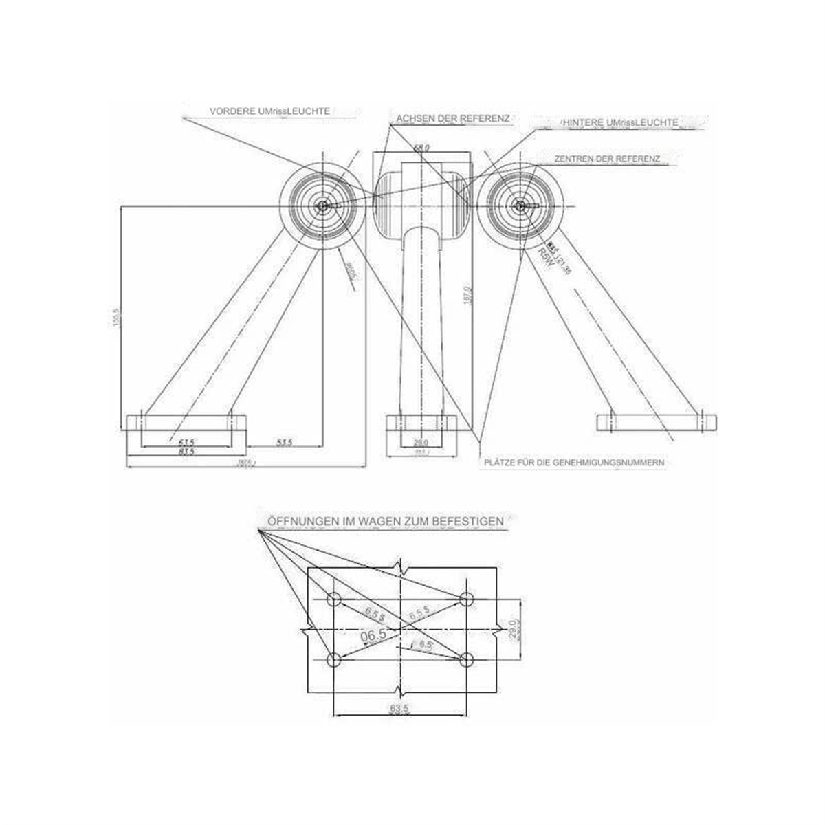 Technische Zeichnung mit Vorder-/Hinterleuchten und Befestigungsöffnungen.
