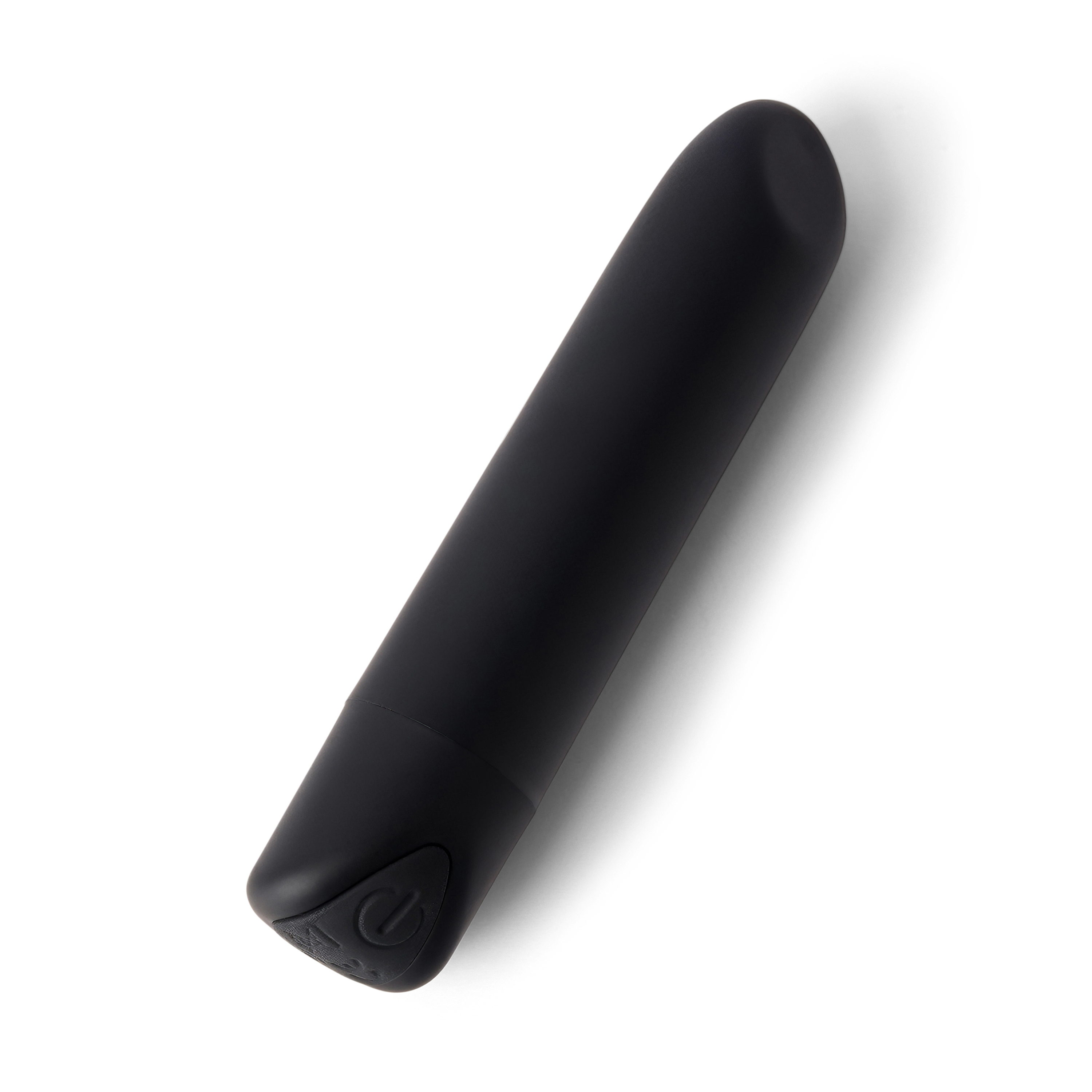 Un vibrador negro con un símbolo de botón de encendido.