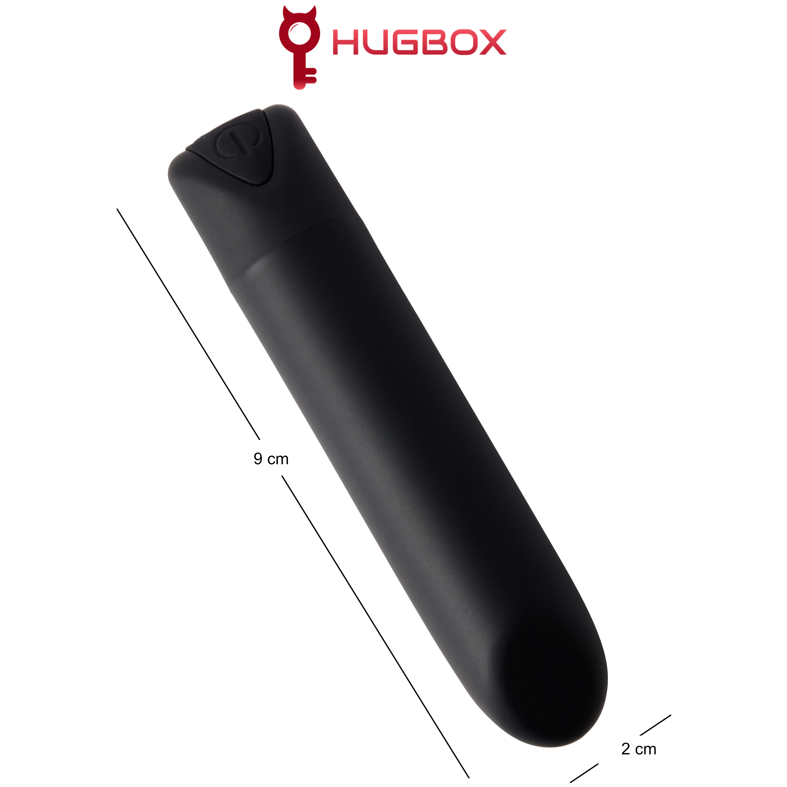 Vibrador negro con logo HUGBOX, 9 cm de largo, 2 cm de ancho.