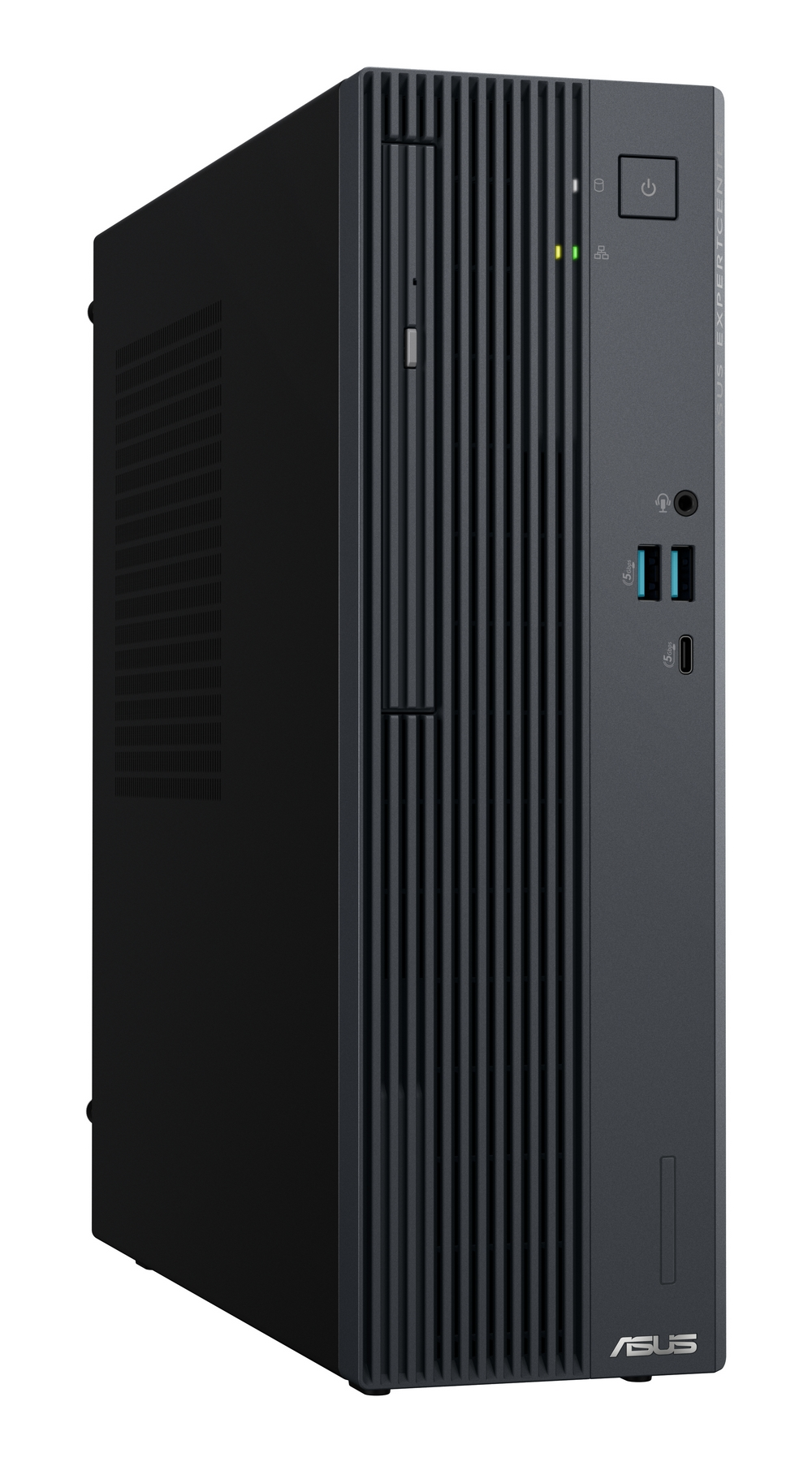 Un case PC ASUS ExpertCenter nero con prese d'aria verticali e porte frontali.