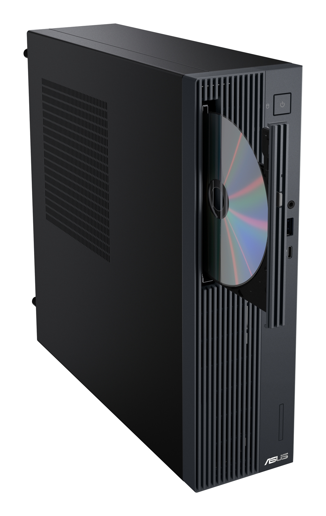 Case desktop nero con CD/DVD inserito e porte sul pannello frontale.