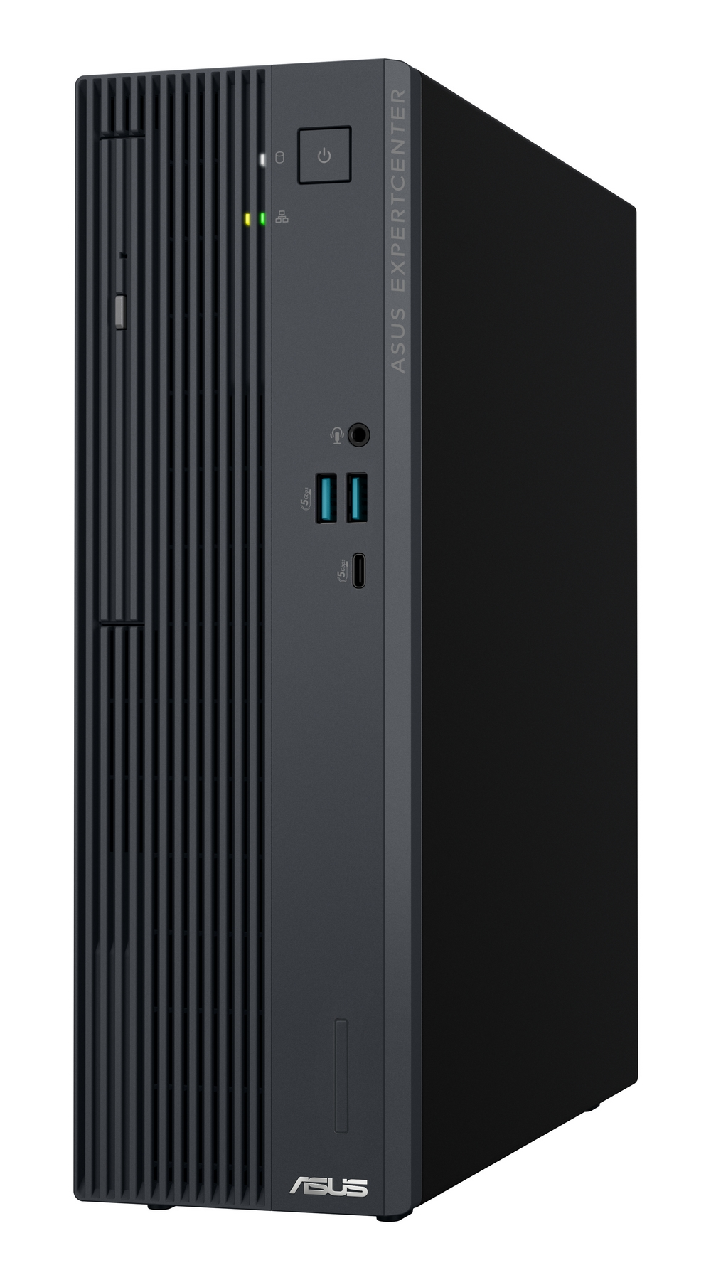 PC Asus ExpertCenter grigio scuro con prese d'aria verticali e porte frontali.