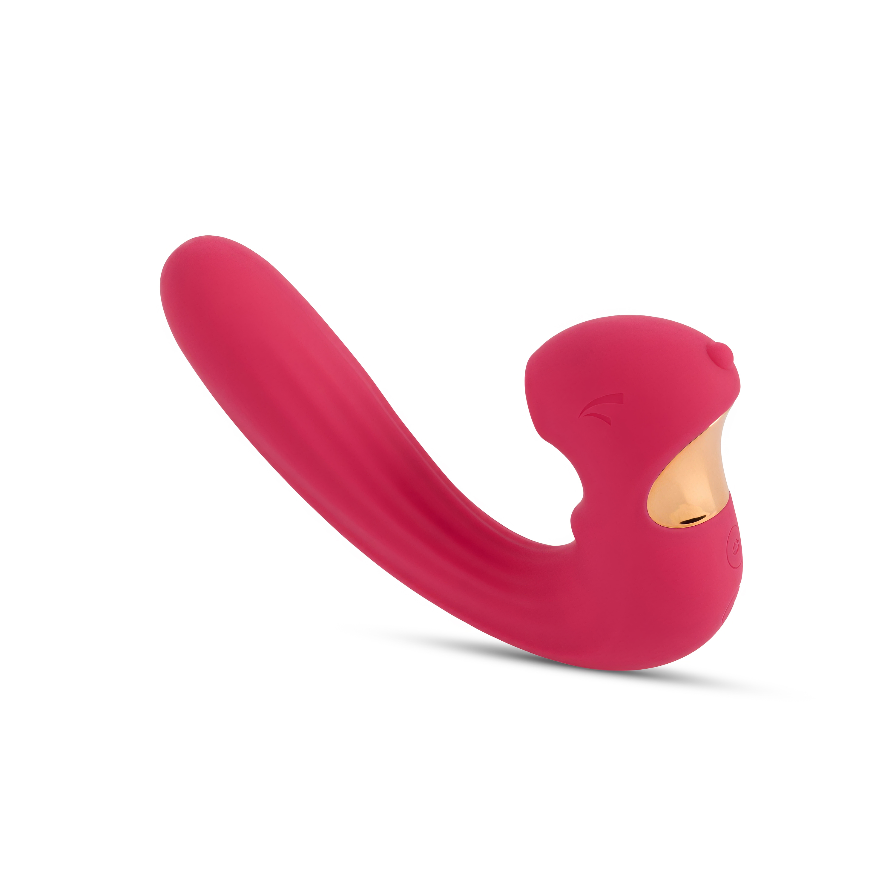 Un vibrador curvo y rosa con textura acanalada y detalle dorado.