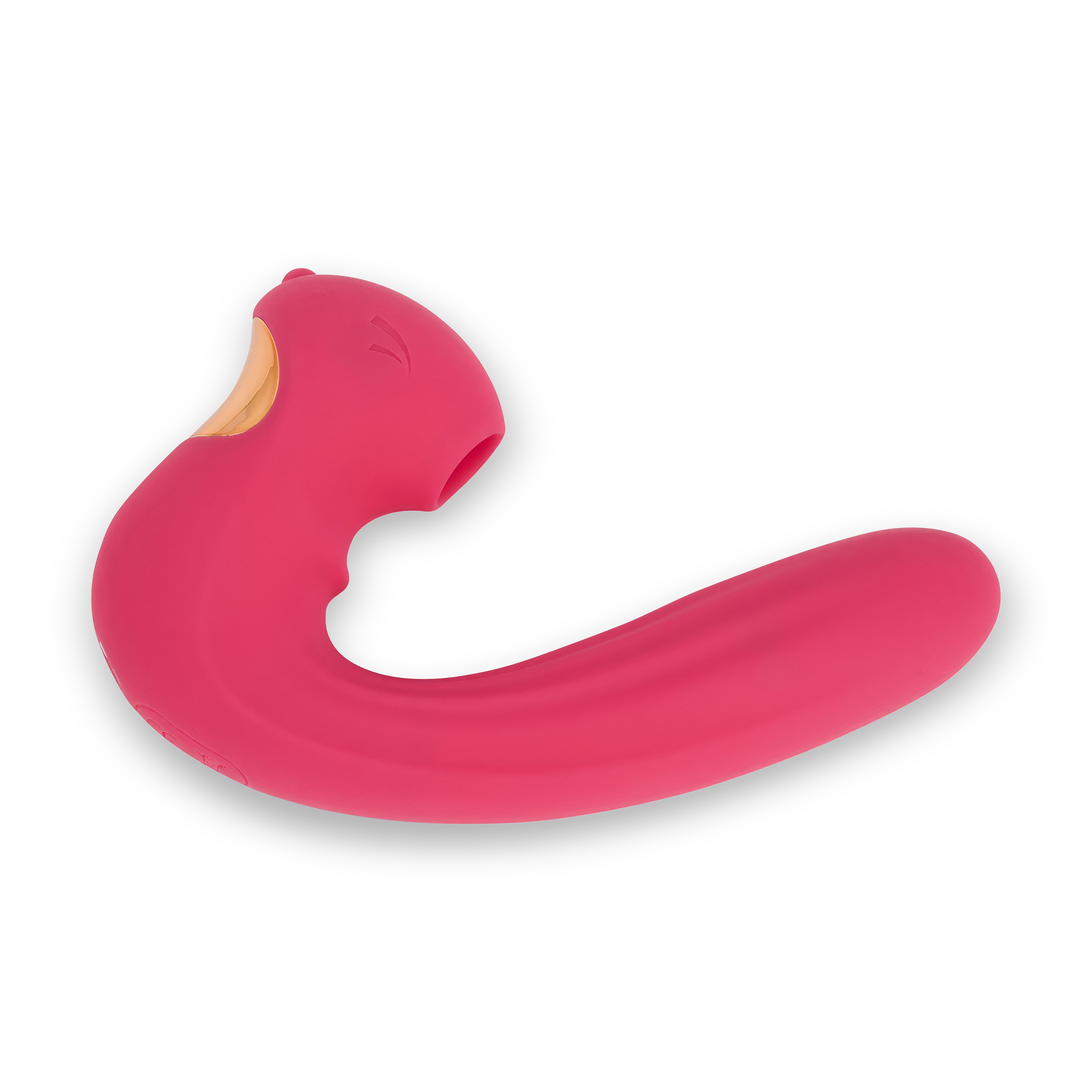 Un vibrador curvo y rosa con un acento dorado y una abertura.