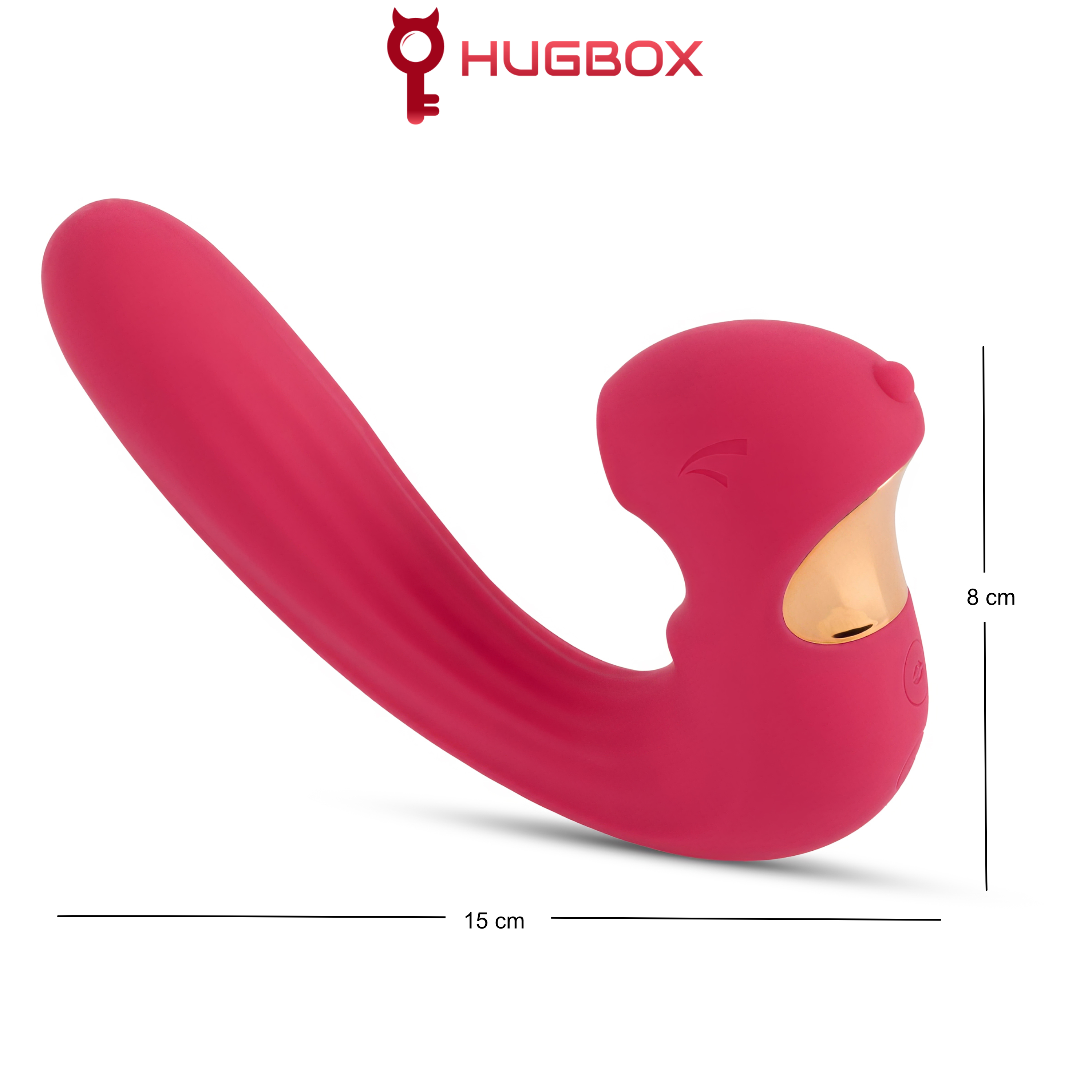 Un vibrador rosa con detalles dorados, mide 15x8 cm.