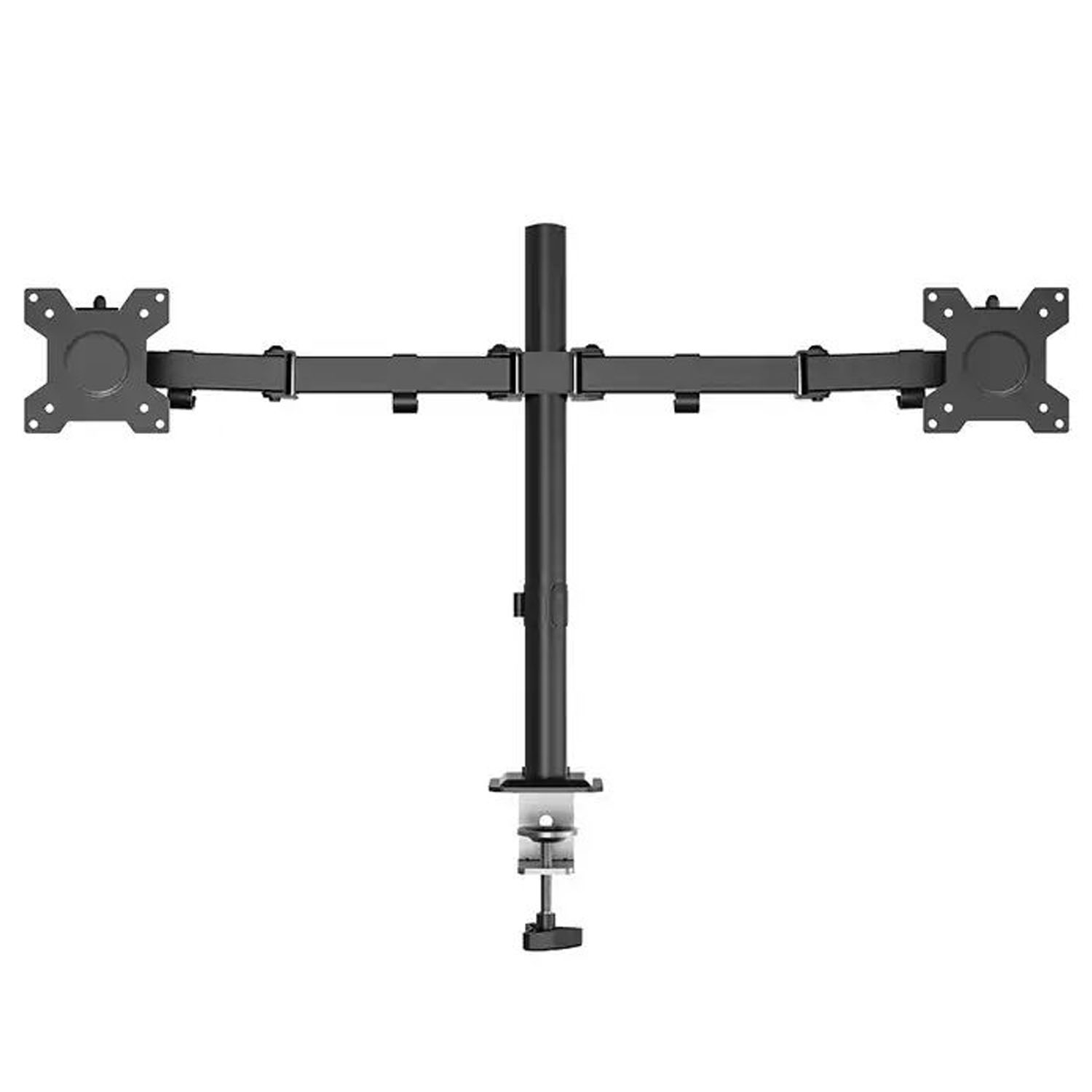 Czarny podwójny uchwyt na monitor z podstawą zaciskową.