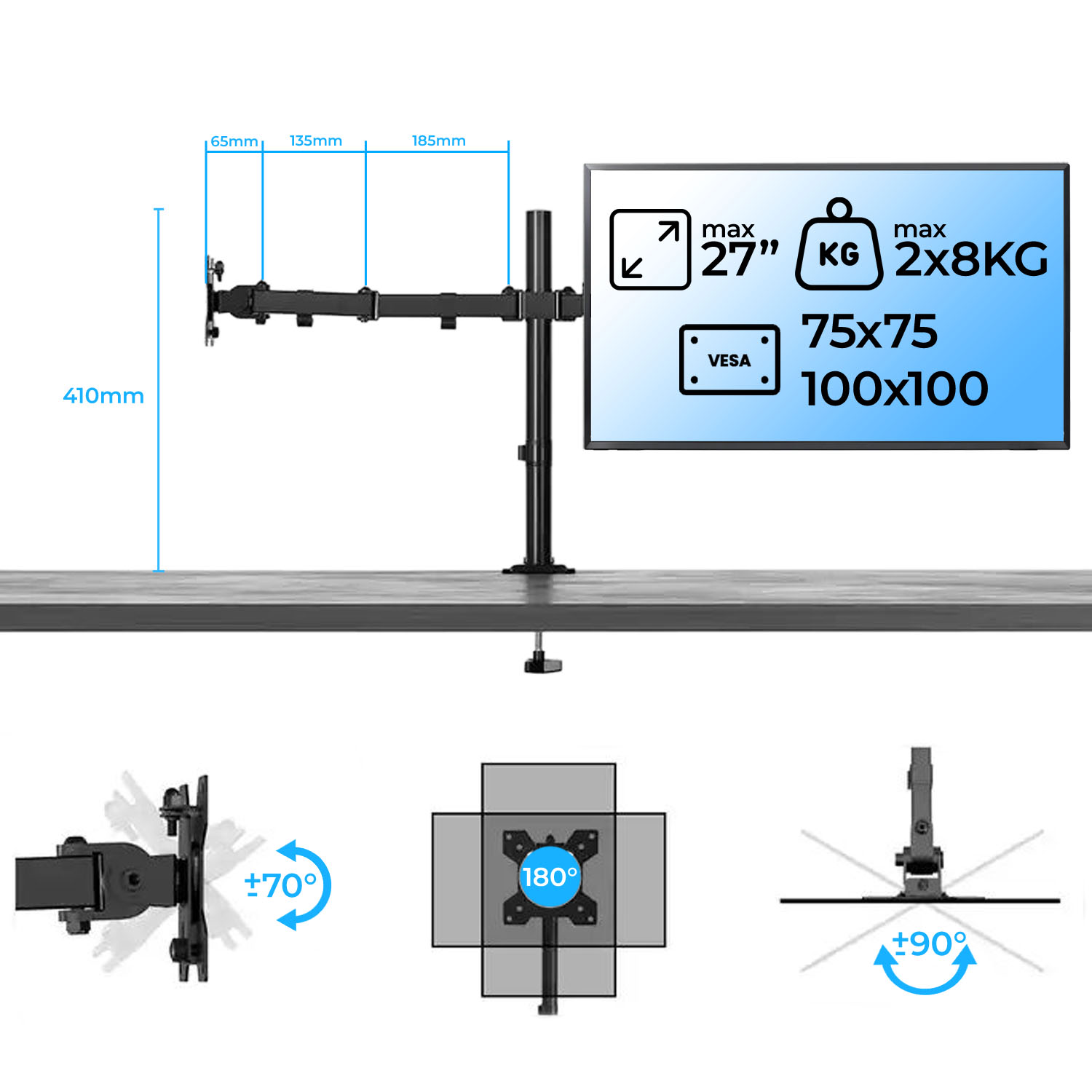 Uchwyt biurkowy do monitorów do 27", maks. 2x8KG. Pokazuje wymiary i VESA.