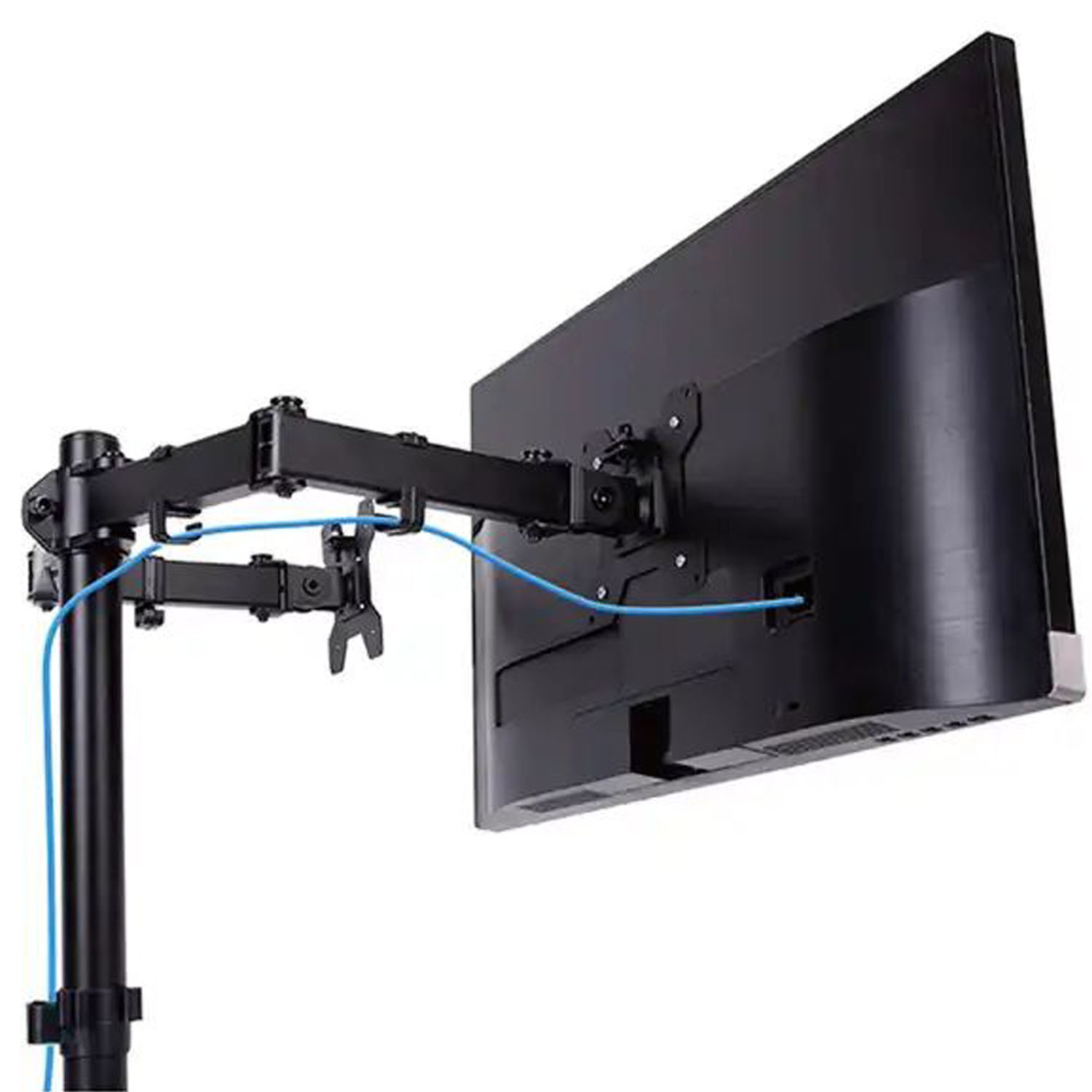 Czarny monitor na regulowanym ramieniu z niebieskim kablem.