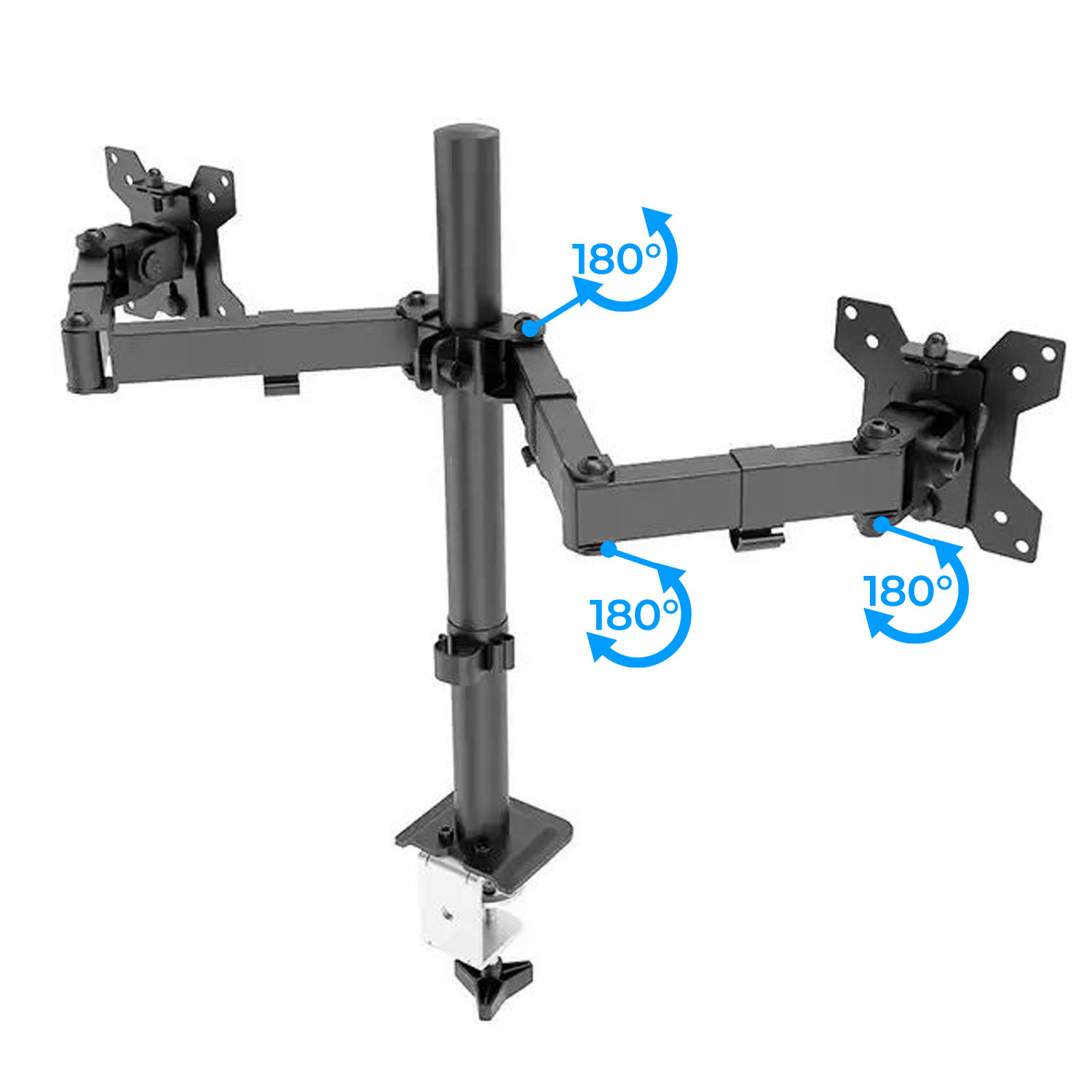 Czarny stojak na dwa monitory z regulowanymi ramionami i zaciskiem.