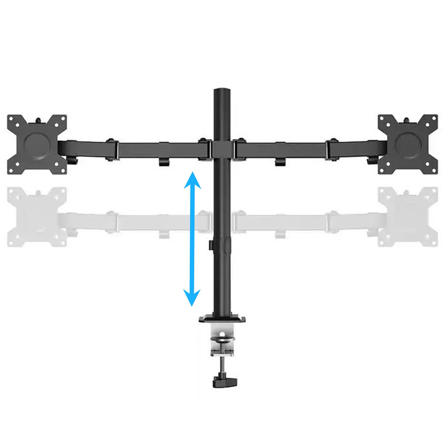Czarny uchwyt na dwa monitory z zaciskiem, z regulacją wysokości.