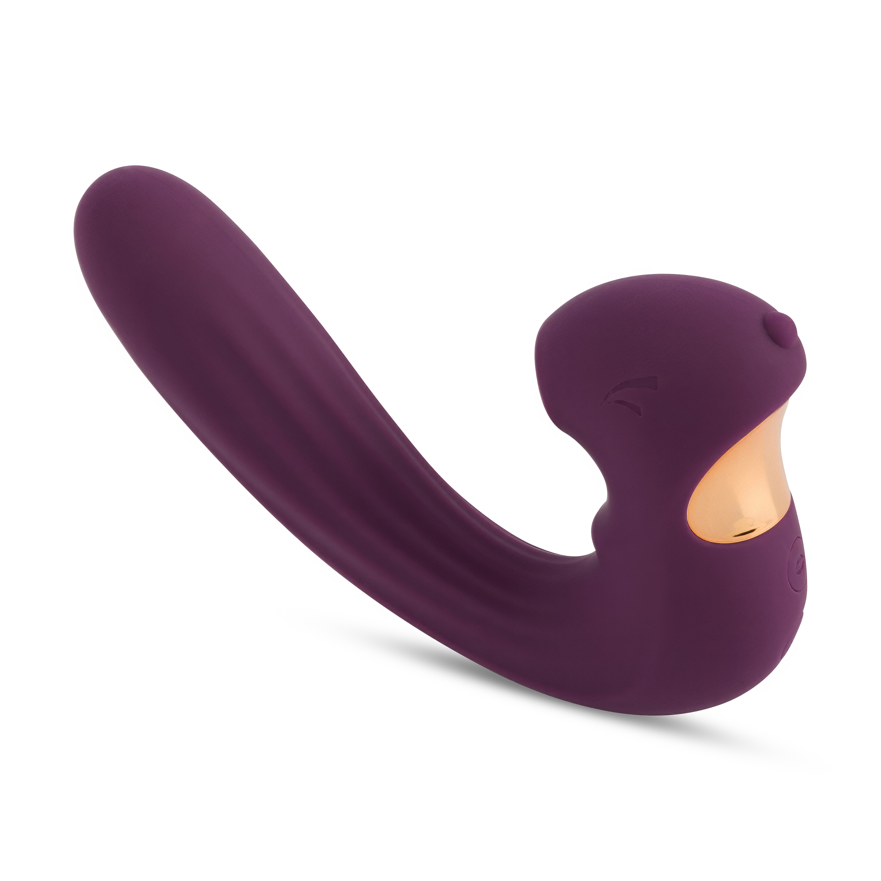 Un vibrador morado con textura acanalada y un acento dorado.