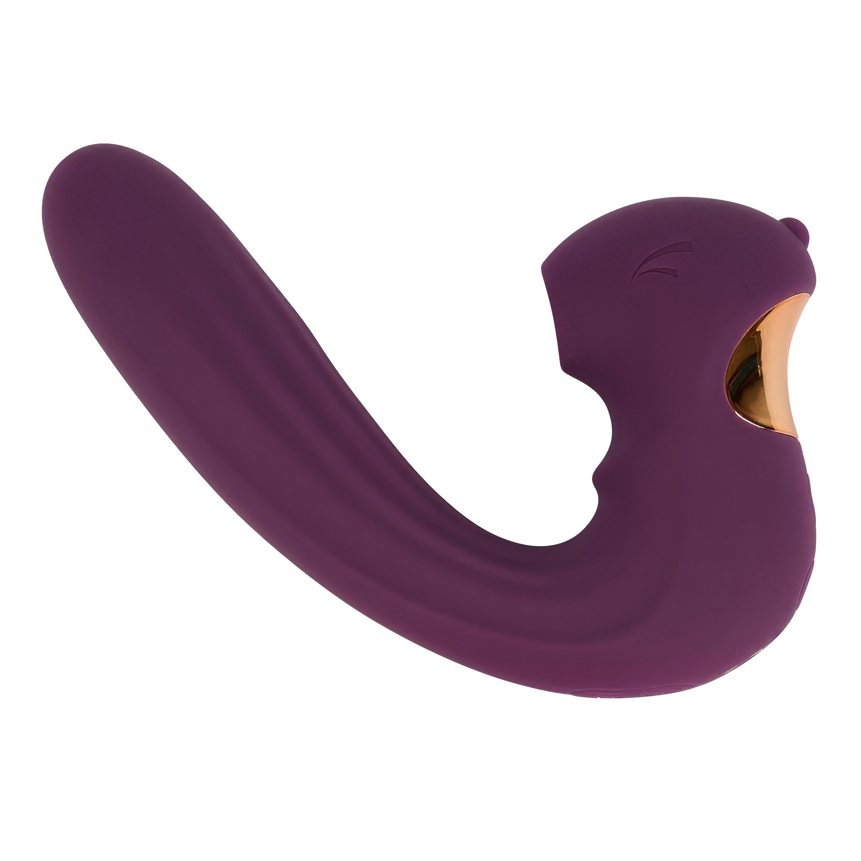 Un vibrador morado con forma curva y una abertura dorada.