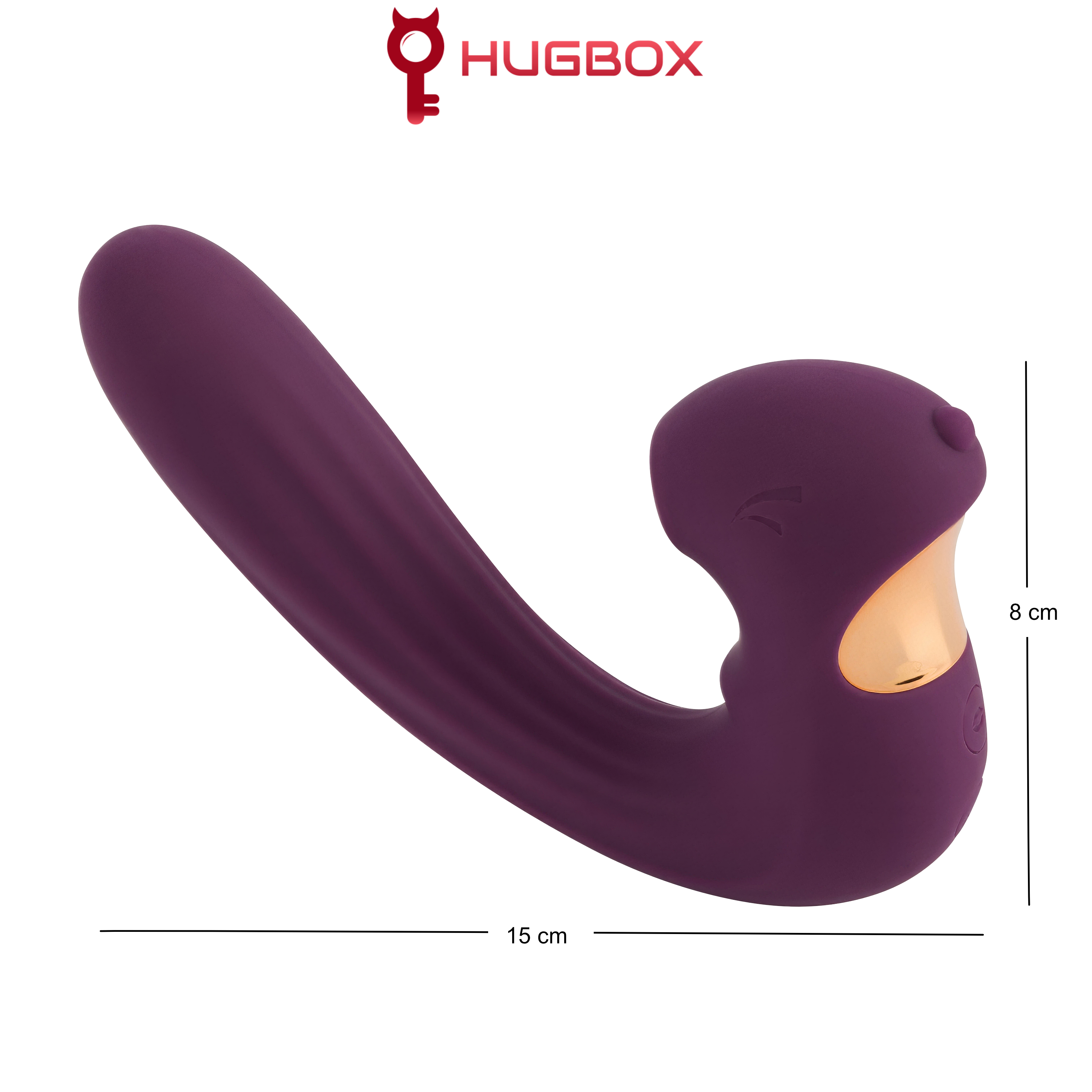 Un vibrador morado con detalles dorados, 15 cm de largo y 8 cm de ancho.