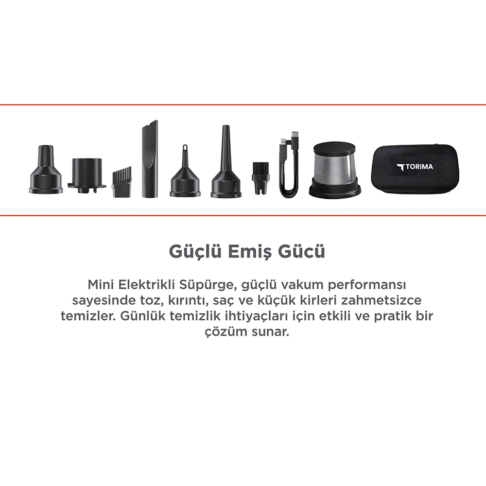 Mini elektrikli süpürge aksesuarları: başlıklar, USB kablosu, şarj ünitesi.