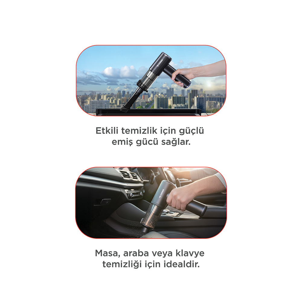 Elde taşınan elektrikli süpürge, şehir silüetine karşı bir yüzeyi temizliyor.