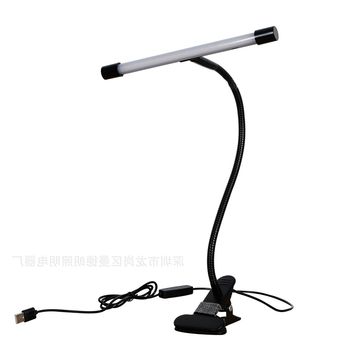 Eine schwarze Klemmlampe mit flexiblem Hals und LED-Lichtleiste.