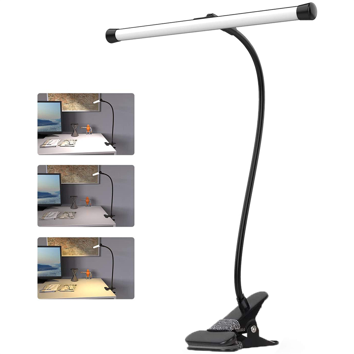Schwarze Schreibtischlampe mit Clipfuß und LED-Leiste über einem Schreibtisch.