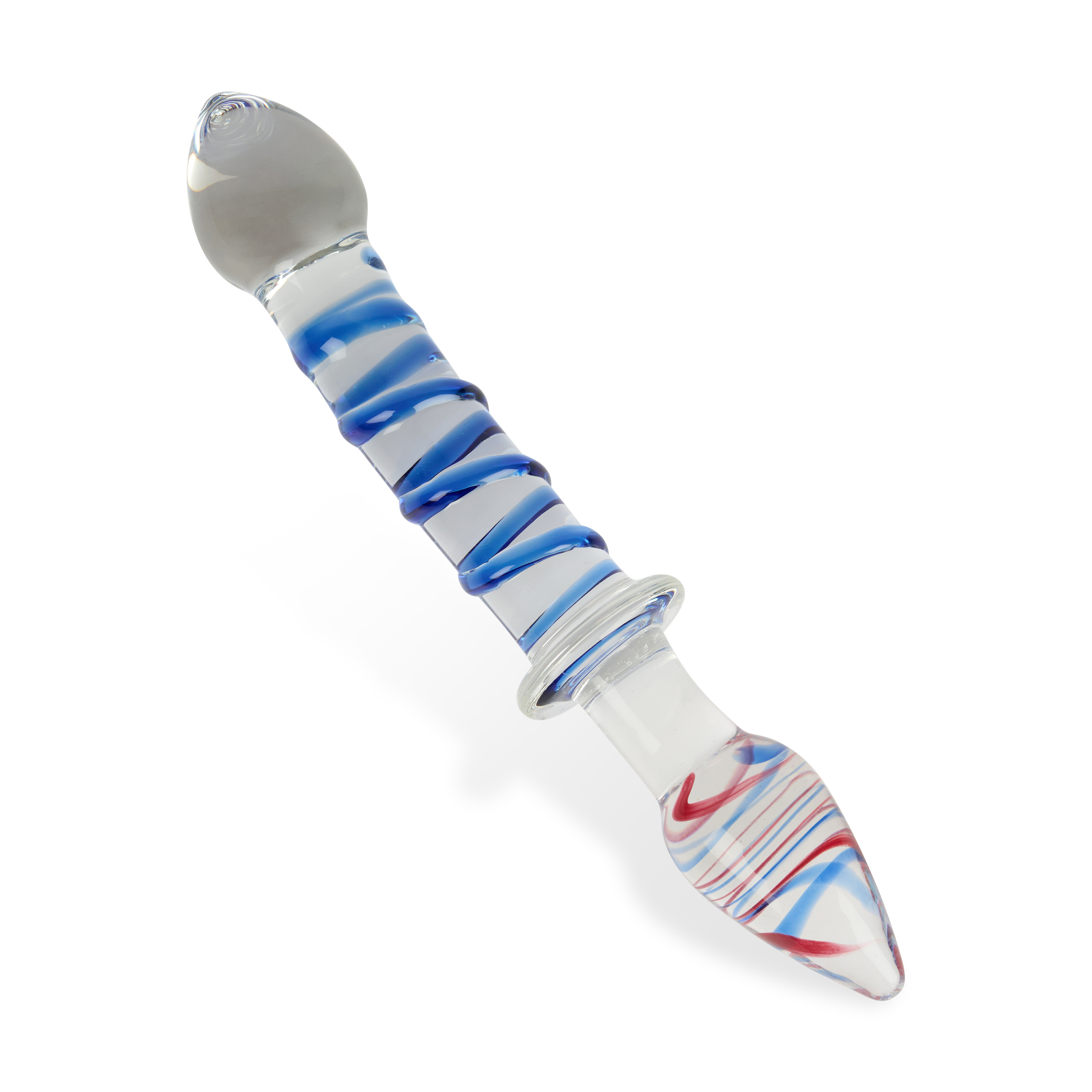 Un objeto de vidrio con vetas azules y rojas en espiral.
