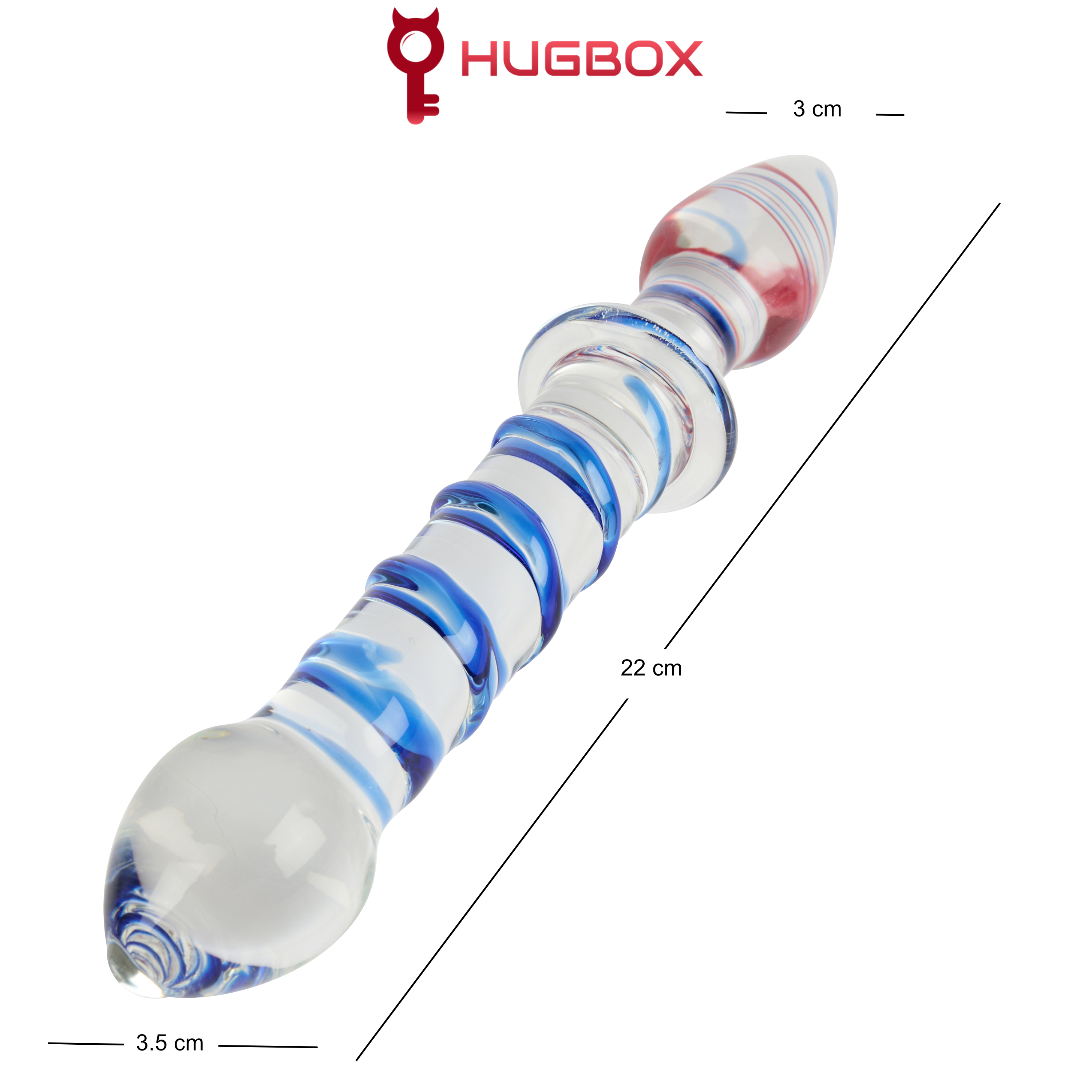 Un objeto de vidrio recto con espirales azules y rojas, de 22 cm.
