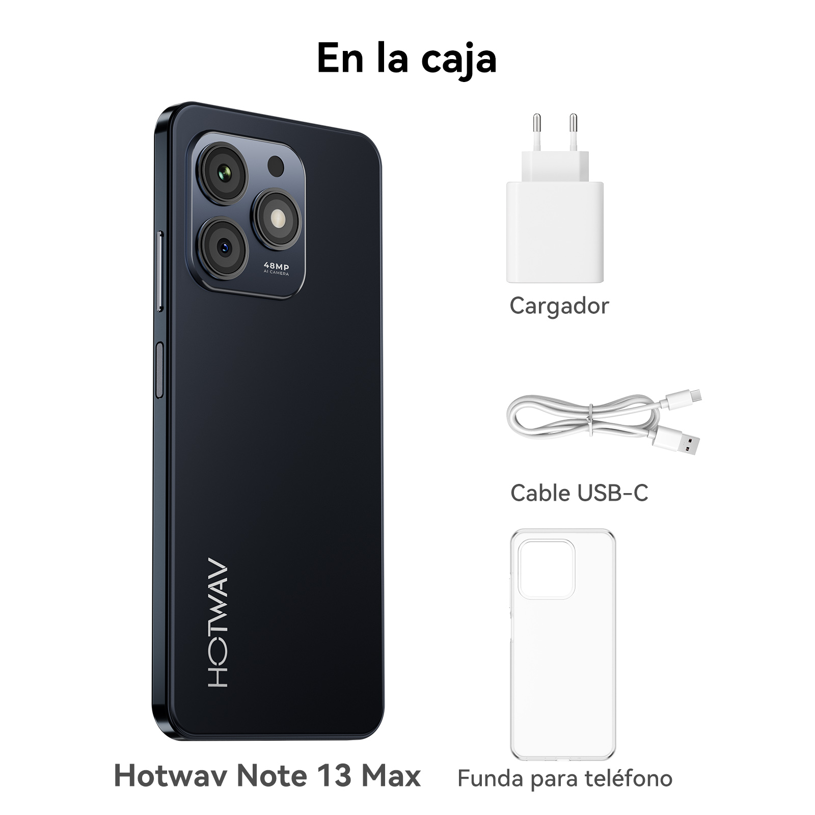 Czarny Hotwav Note 13 Max z ładowarką, kablem USB-C i etui.