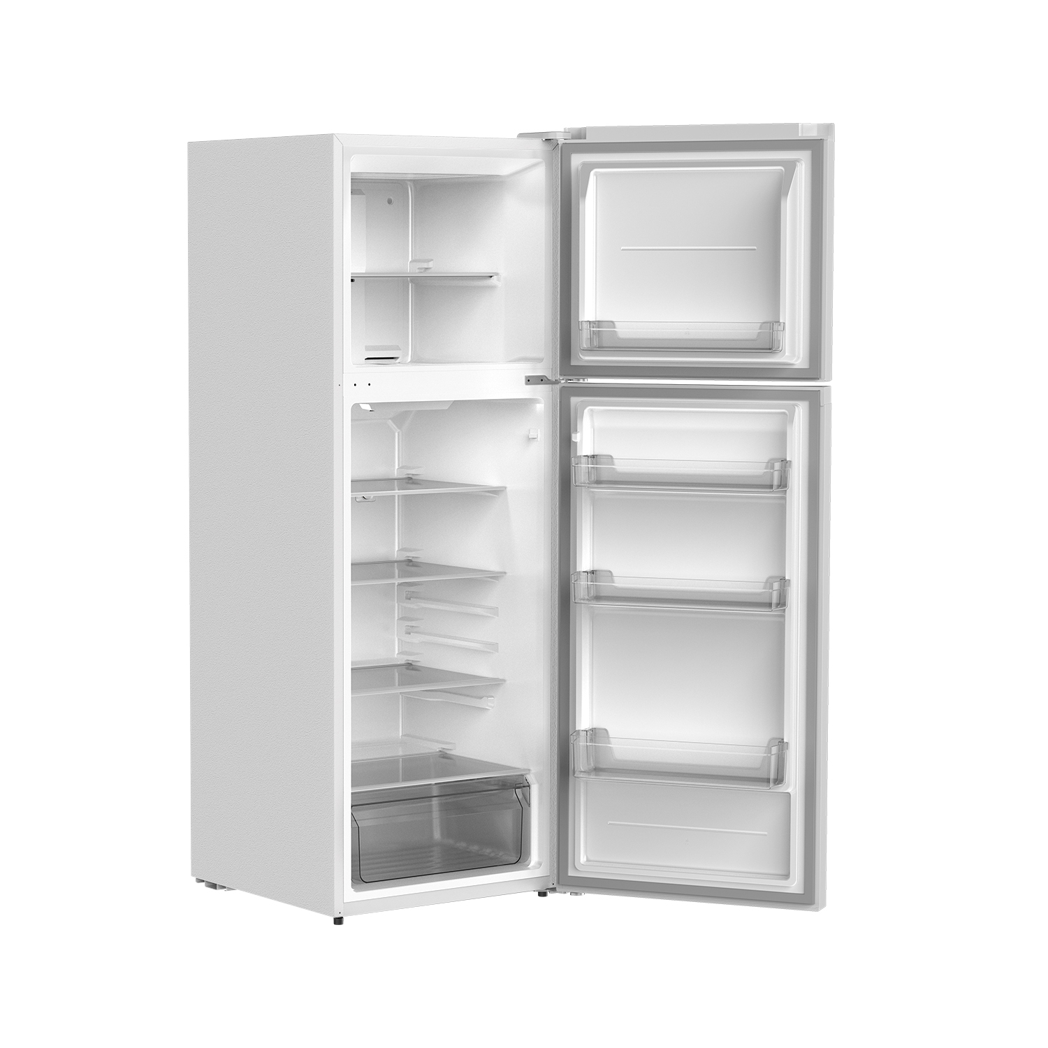 Un frigorifero bianco con porte aperte, vuoto e pulito.