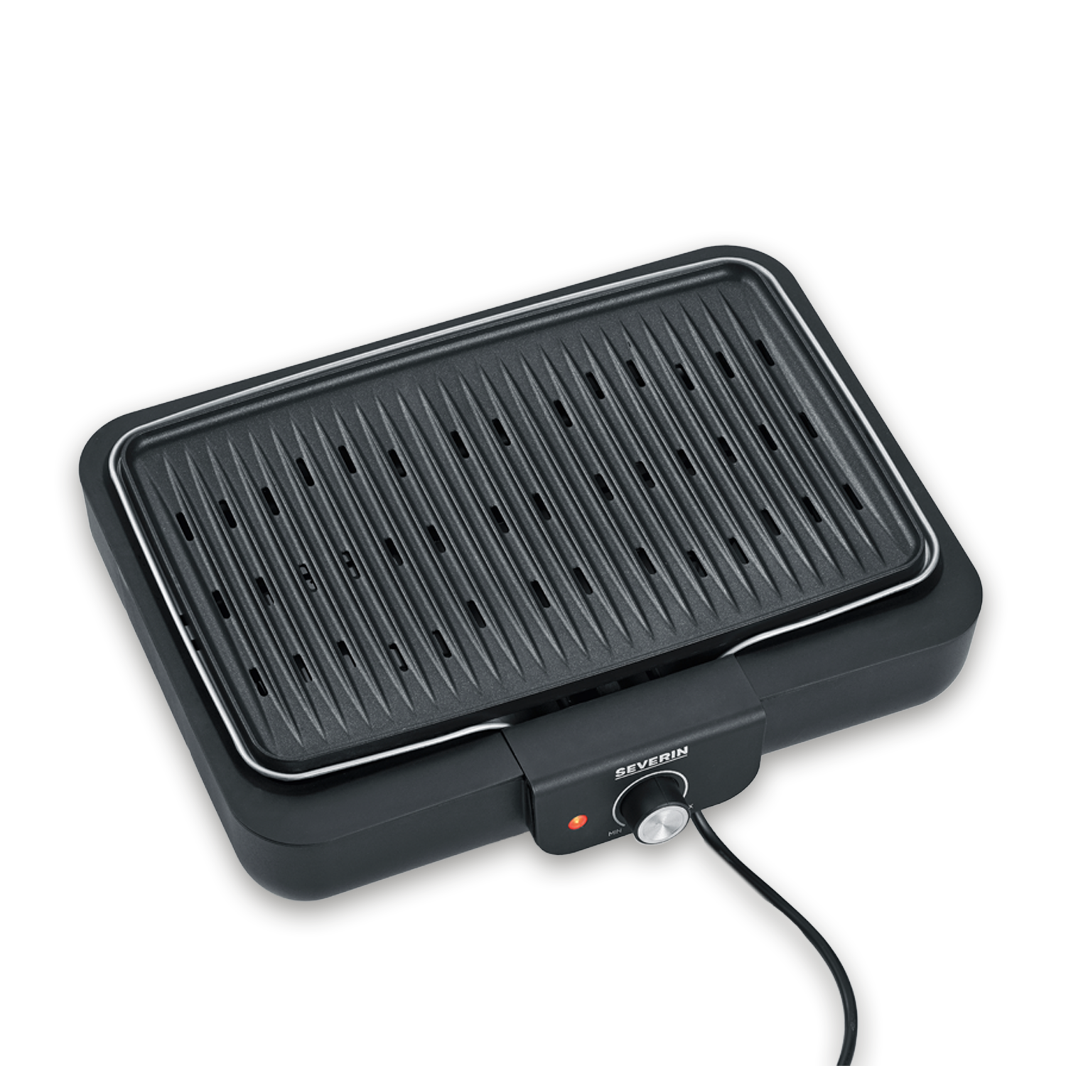 Electric grill with ribbed cooking surface, temperature dial, and red indicator light.