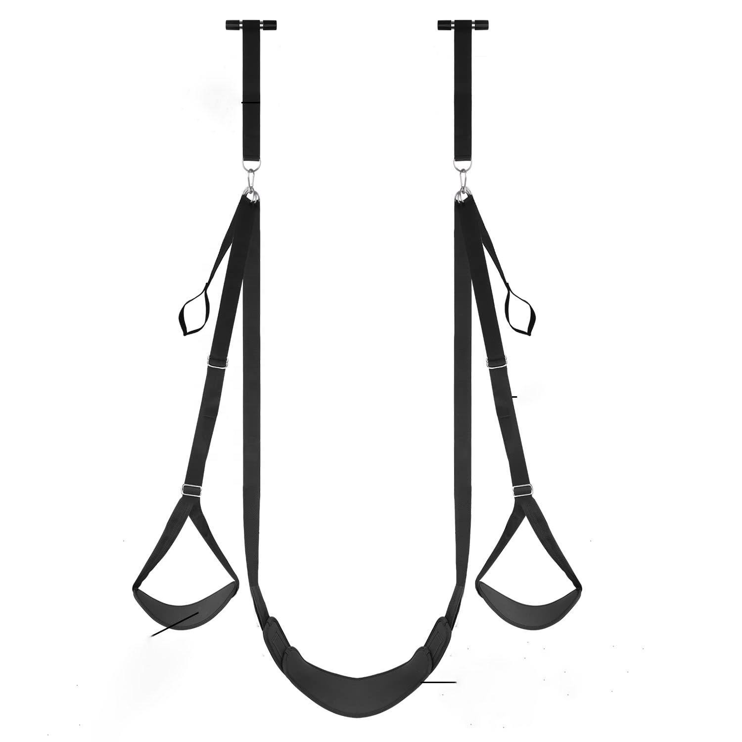 Juego de columpio negro con dos soportes, correas y bucles para pies.