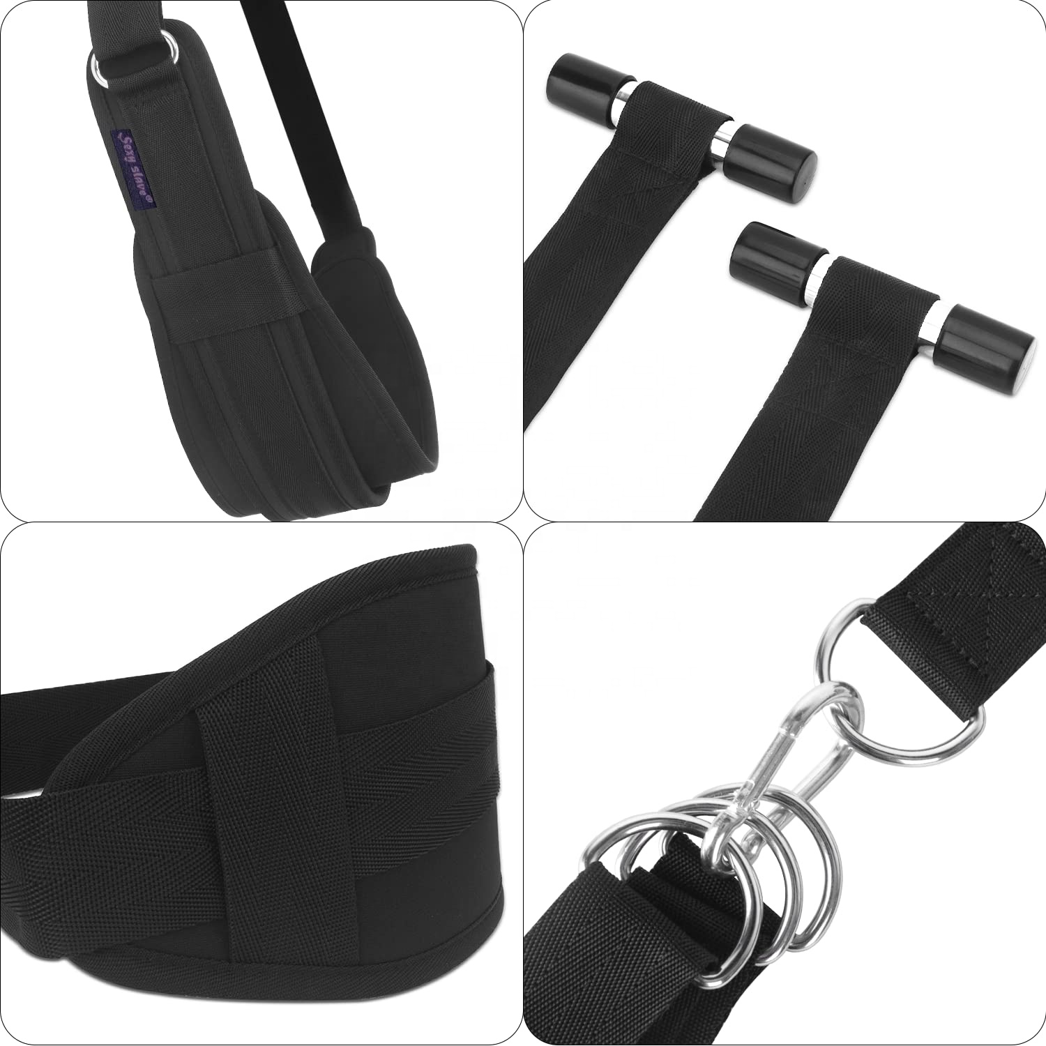 Primer plano de correas de tela negra con anillos y mangos metálicos.