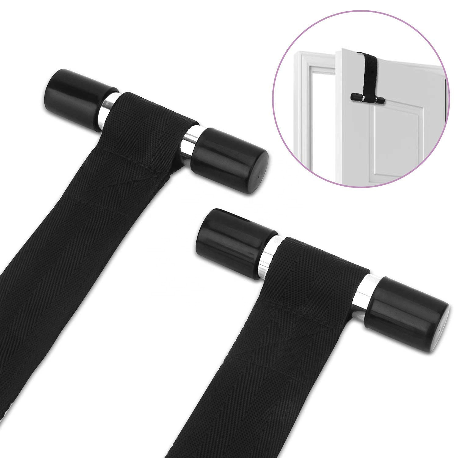 Dos ganchos negros para puerta con detalles plateados sobre fondo blanco.