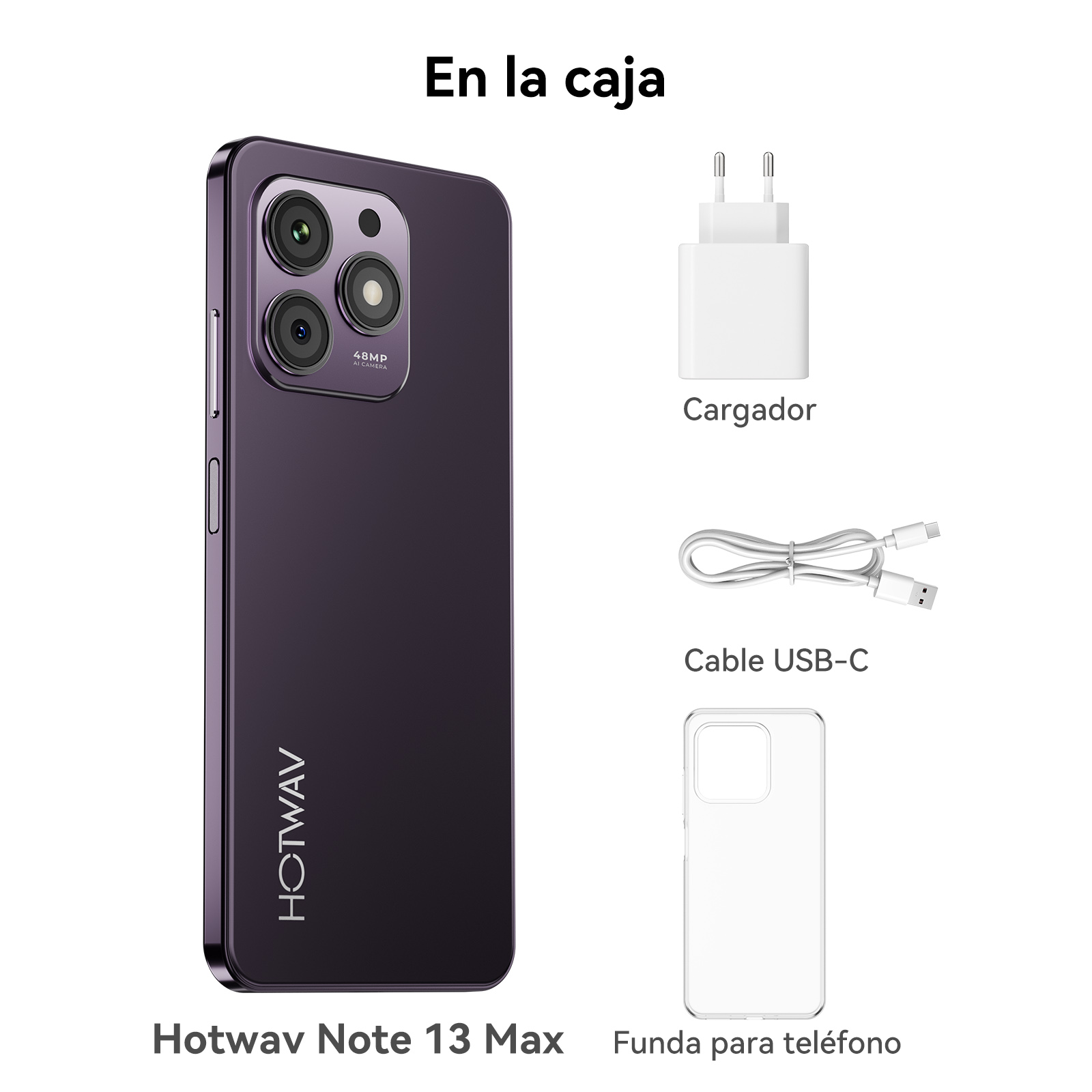 Fioletowy Hotwav Note 13 Max z ładowarką, kablem USB-C i etui.