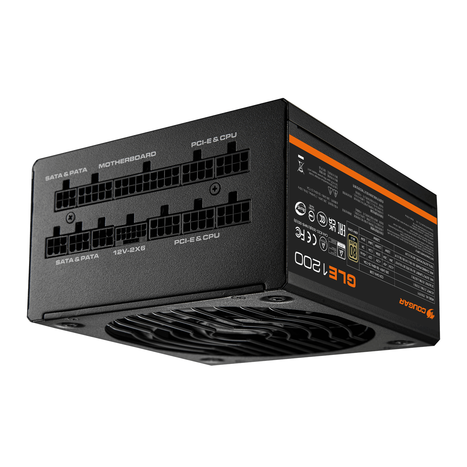 Alimentatore nero con più porte etichettate SATA, MOTHERBOARD, PCI-E e CPU.