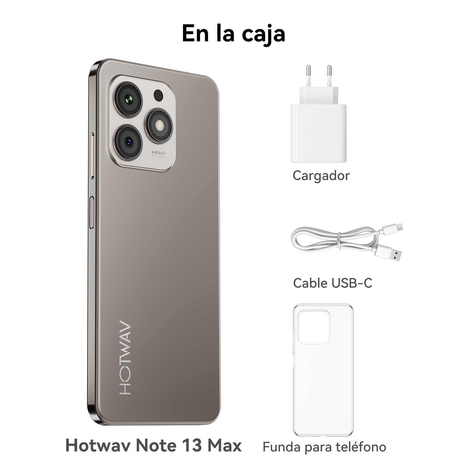 Szary smartfon z trzema aparatami, ładowarką, kablem USB-C i etui.