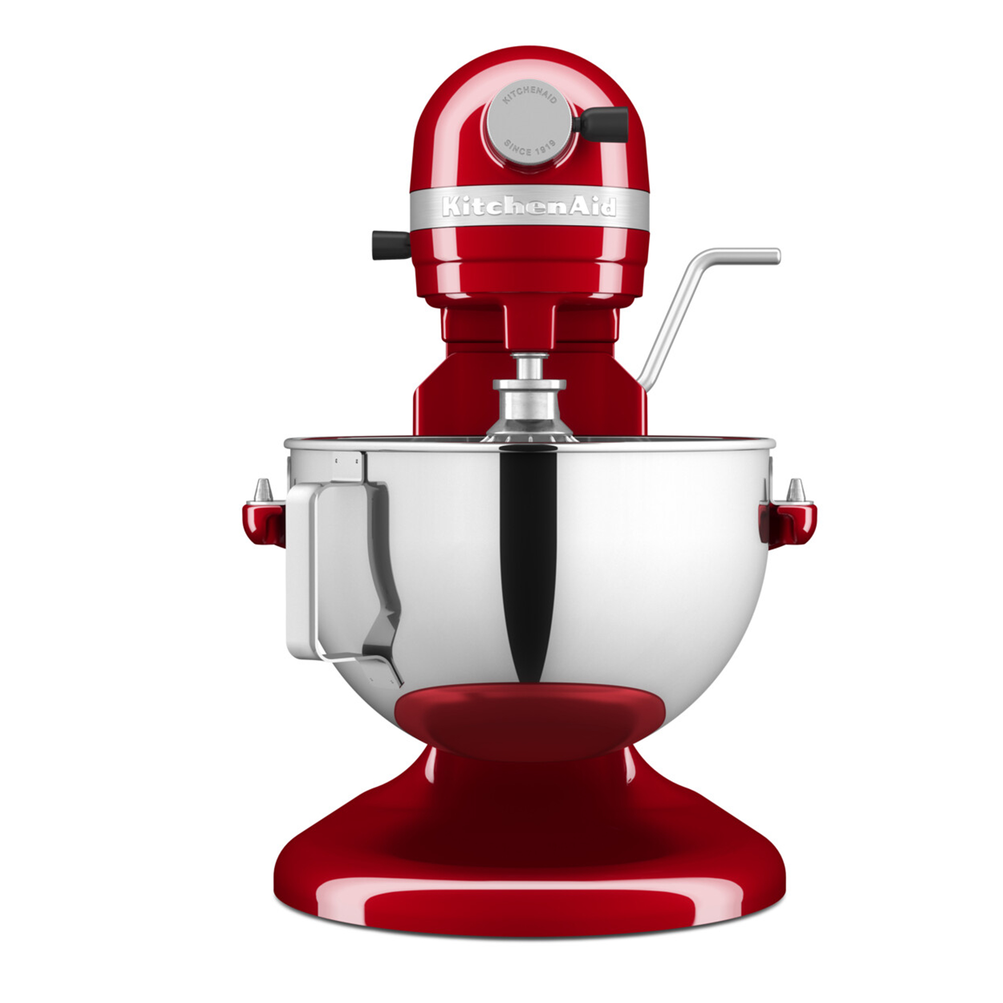 Ein roter KitchenAid-Standmixer mit polierter Edelstahlschüssel, weißer Hintergrund.