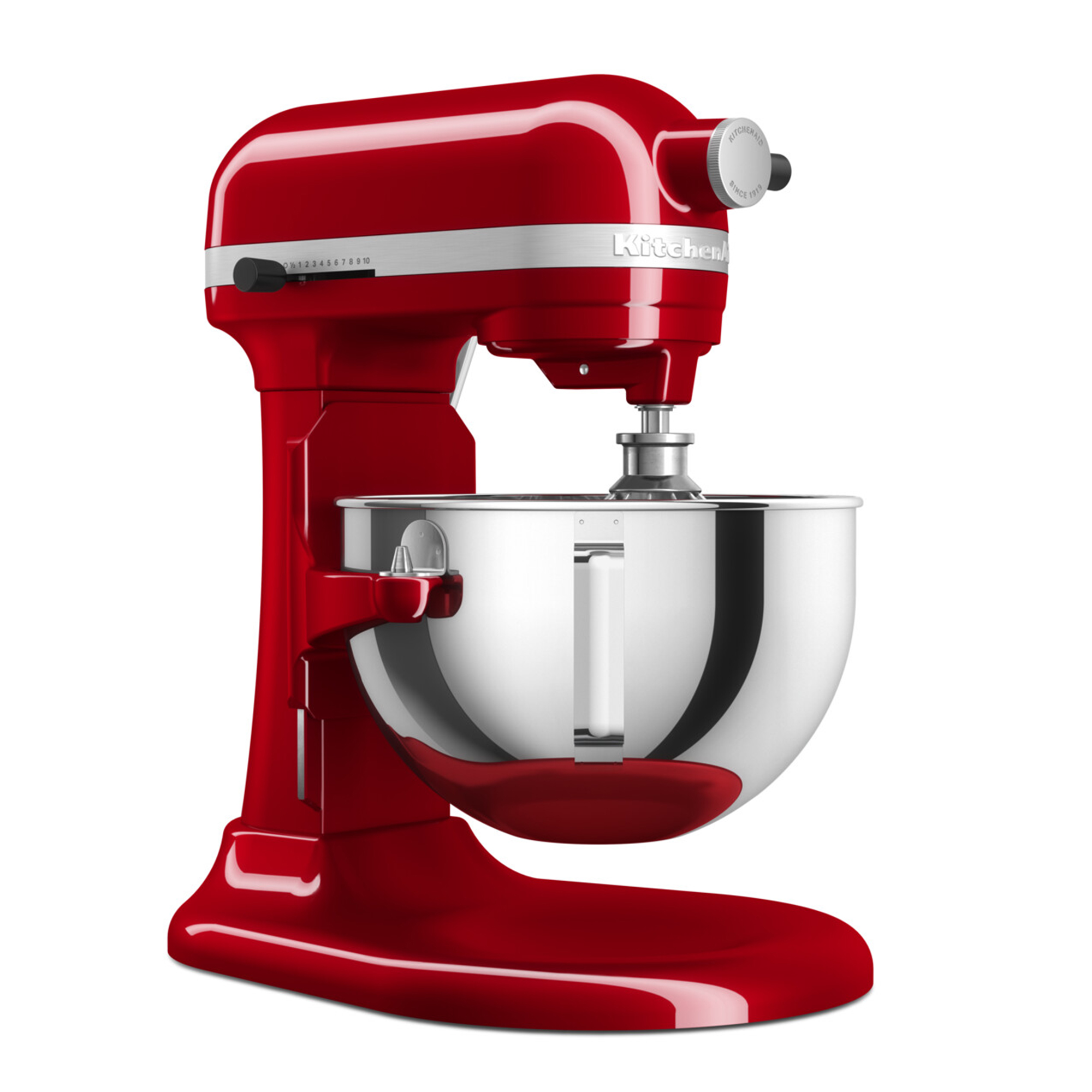 Ein roter KitchenAid Standmixer mit silberner Schüssel und Bedienelementen.