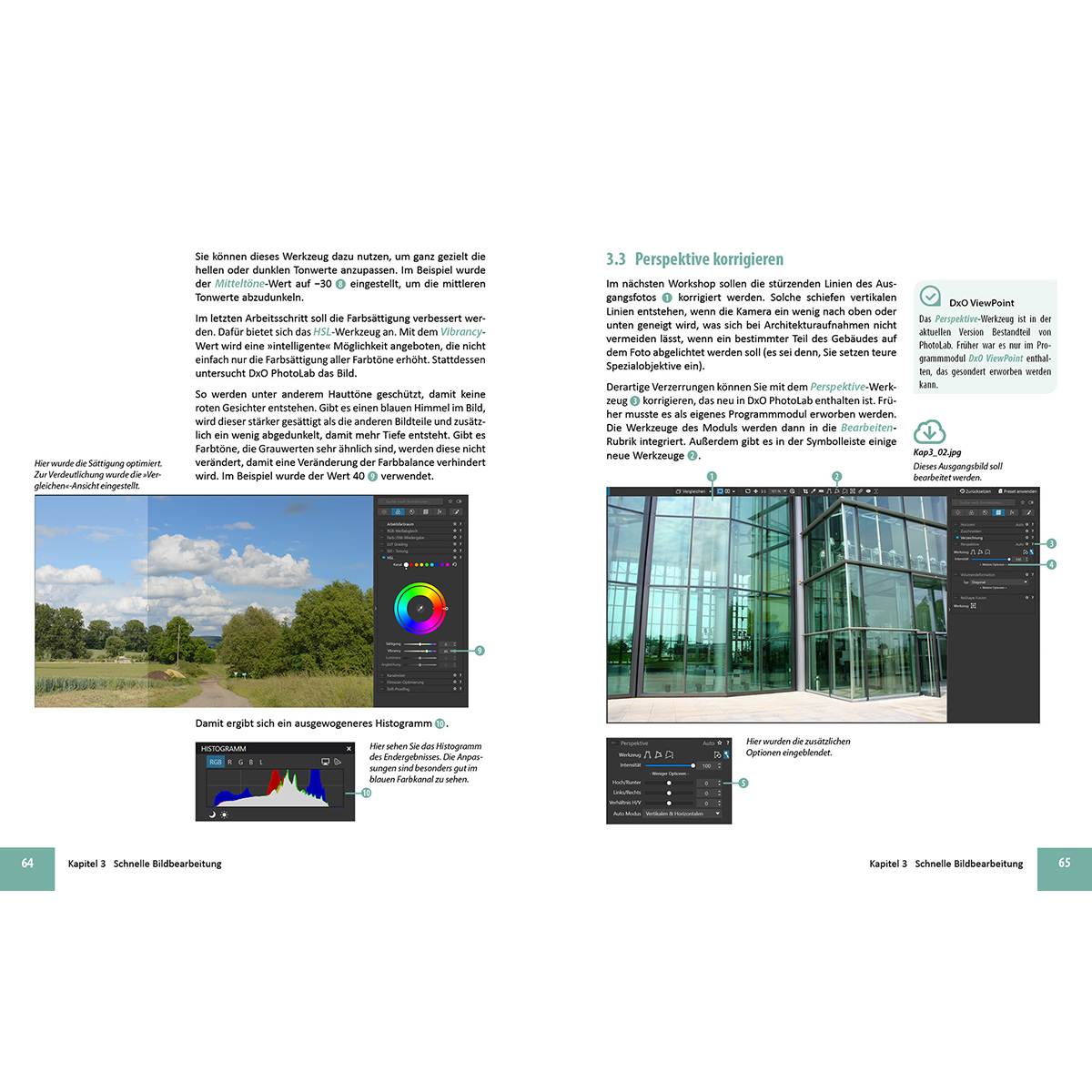 Eine Landschaft mit Himmel und Bäumen mit Werkzeug-Histogramm und Farbrad.