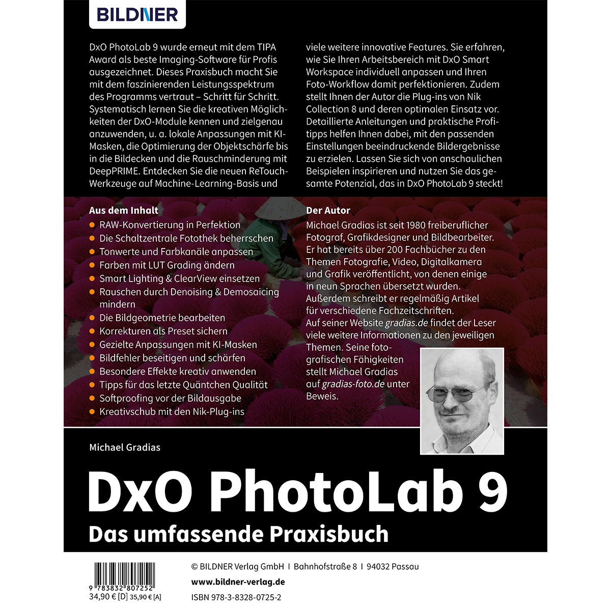 Buchcover für DxO PhotoLab 9, Praxisbuch von Michael Gradias. Enthält Infos & Autorporträt.