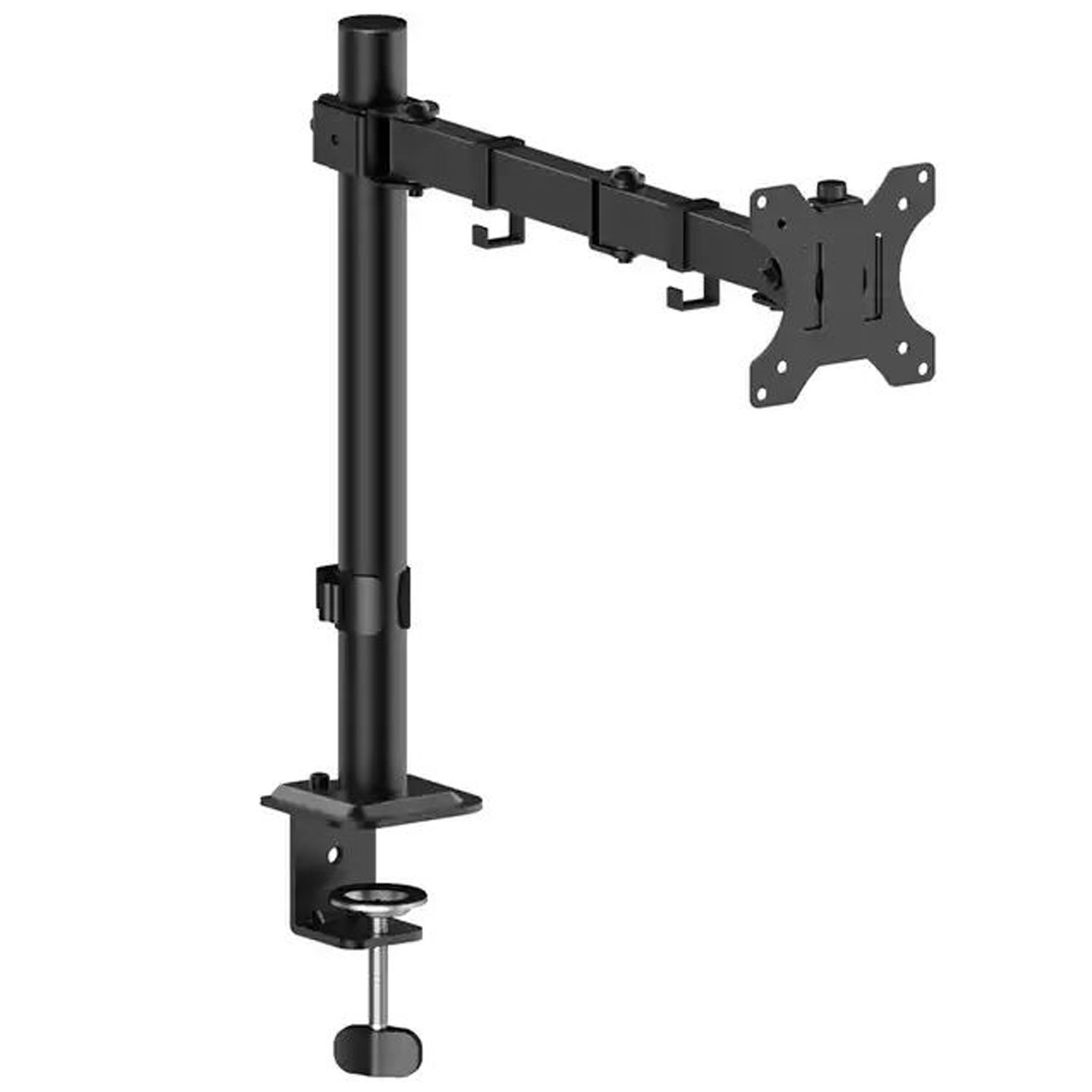 Czarny wysięgnik monitora z zaciskiem biurkowym i mocowaniem VESA.